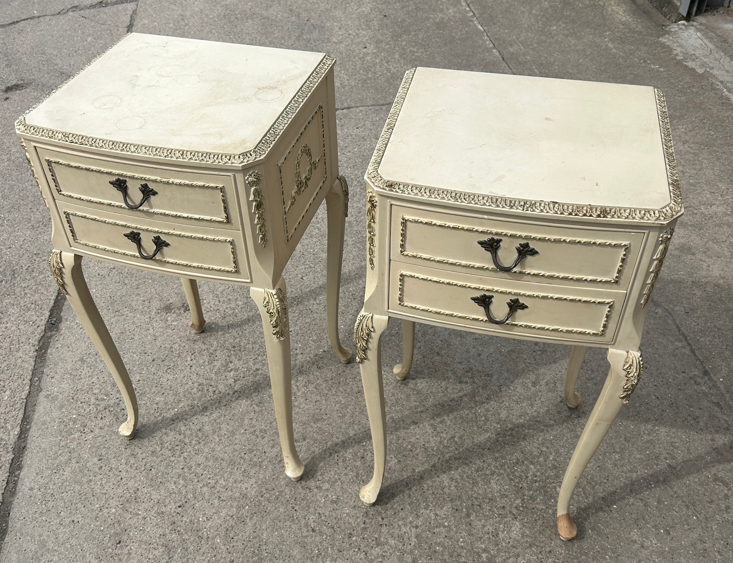 Pair of Queen Anne cream and gilt bed side table measures approx 27 inches tall, 14.5 wide and 13