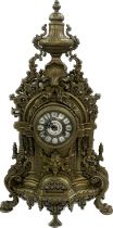 Ornate French brass mantel clock with enamel face, with key, depicting cherubs, Height 24 inches,