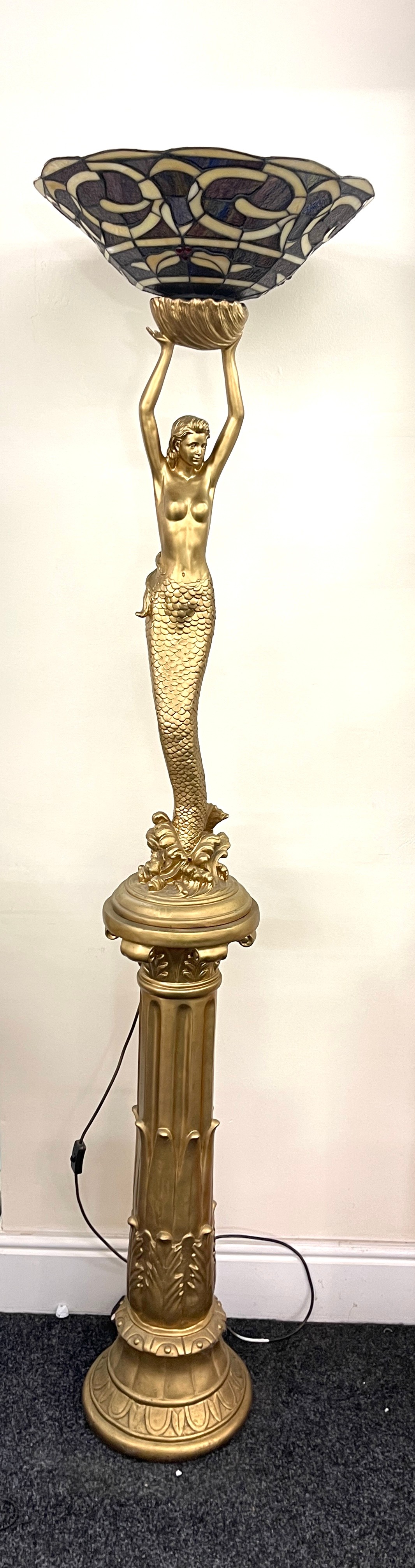 Tall mermaid resin lamp on plinth, approximately 75.5 inches tall, working order with glass shade - Image 2 of 11