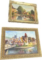 Two gilt framed oil paintings on canvas, both signed, frame measurements: Height 25 inches, Width 33