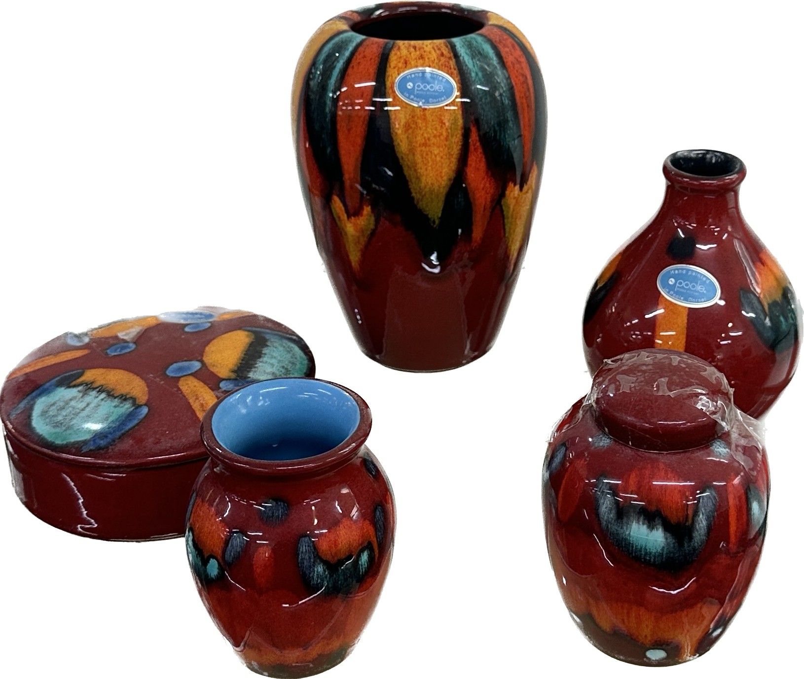 Selection of Poole Pottery Volcano pattern, to include vase, lidded small ginger jar, large