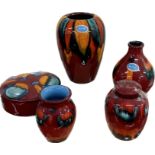 Selection of Poole Pottery Volcano pattern, to include vase, lidded small ginger jar, large