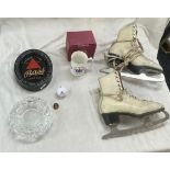 Selection of vintage collectable items to include advertising ash trays, ice skating boots etc