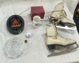 Selection of vintage collectable items to include advertising ash trays, ice skating boots etc