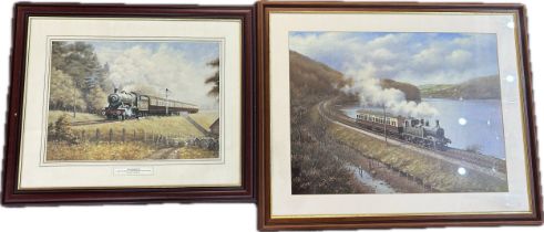 2 framed train scene prints, approximate frame measurements: Height 21 inches, Width 27 inches