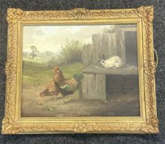 Gilt framed original painting depicting hens and a rabbit measures approx 27 inches wide by 23 tall