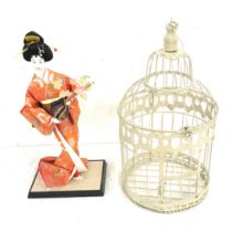 Bird cage and oriental lady figure overall height of largest 20 inches tall