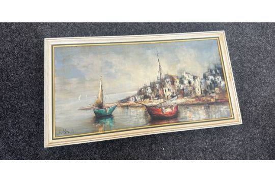 Large oil painting harbour scene by L.Merlin overall measures 23 inches tall by 43 wide - Image 4 of 4