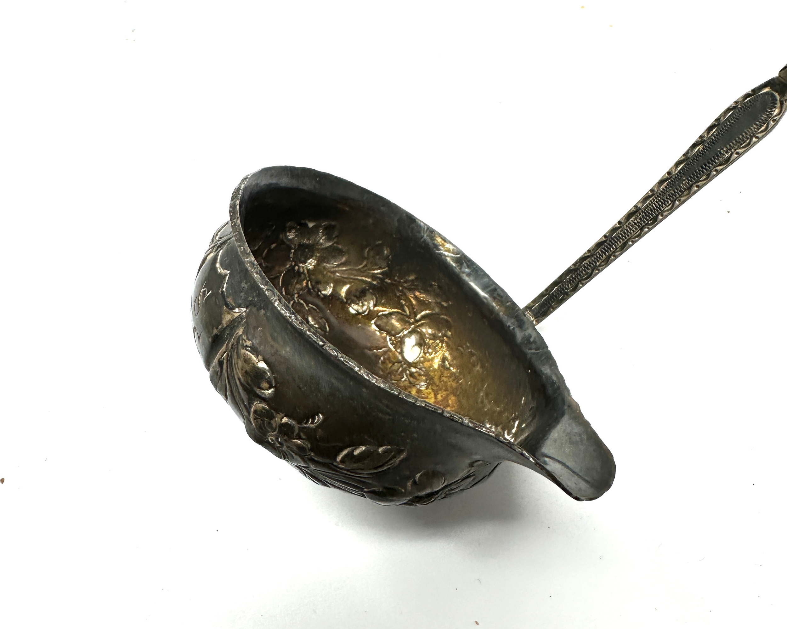 Antique Georgian silver 1758 coin set brandy ladle measures approx 17ins long - Image 3 of 7