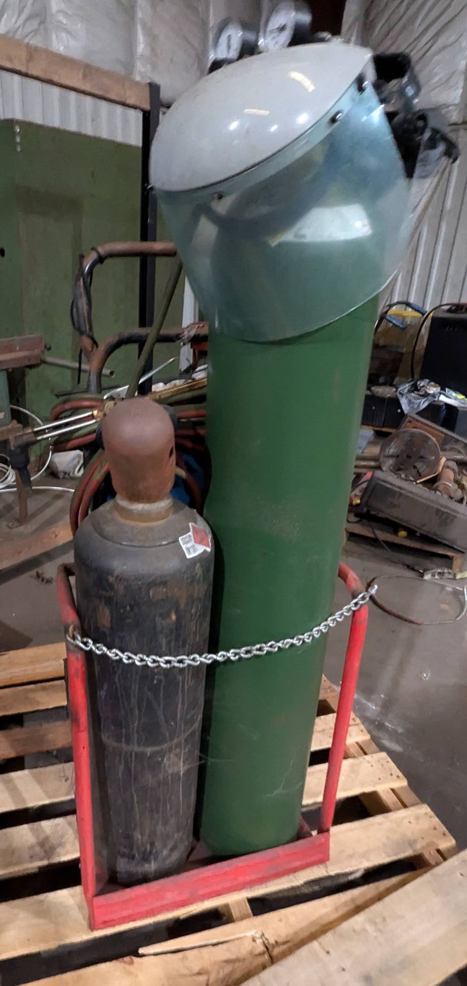 Gas Welding Supplies on Red Rolling Cart, Includes tanks, face guards, and welding/cutting torch. - Image 3 of 3