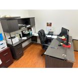 OFFICE DESK CHAIR, MONITORS AND PRINTER