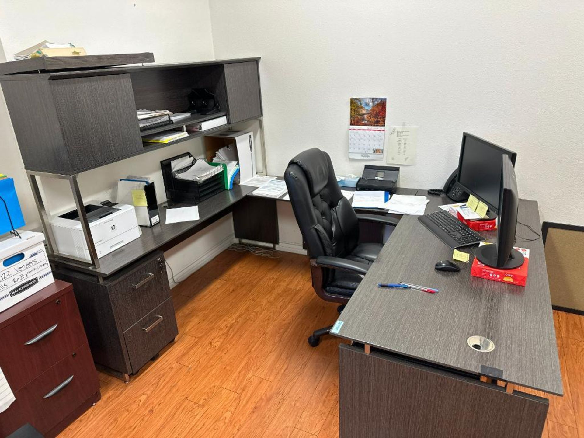 OFFICE DESK CHAIR, MONITORS AND PRINTER