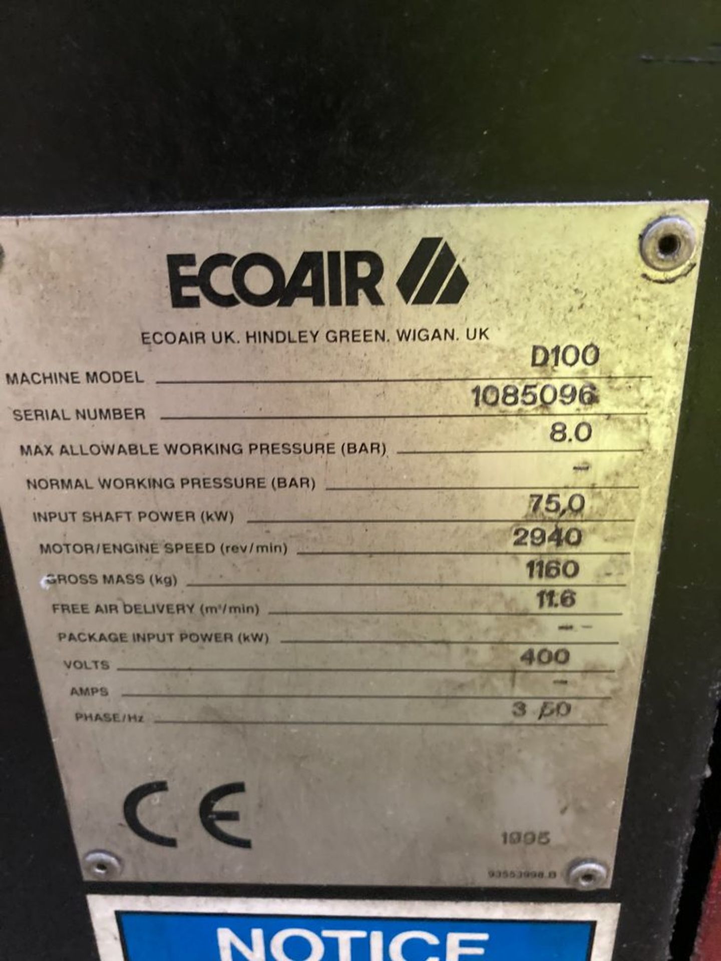 Ecoair D100 75kW air compressor (1995) - Image 2 of 2