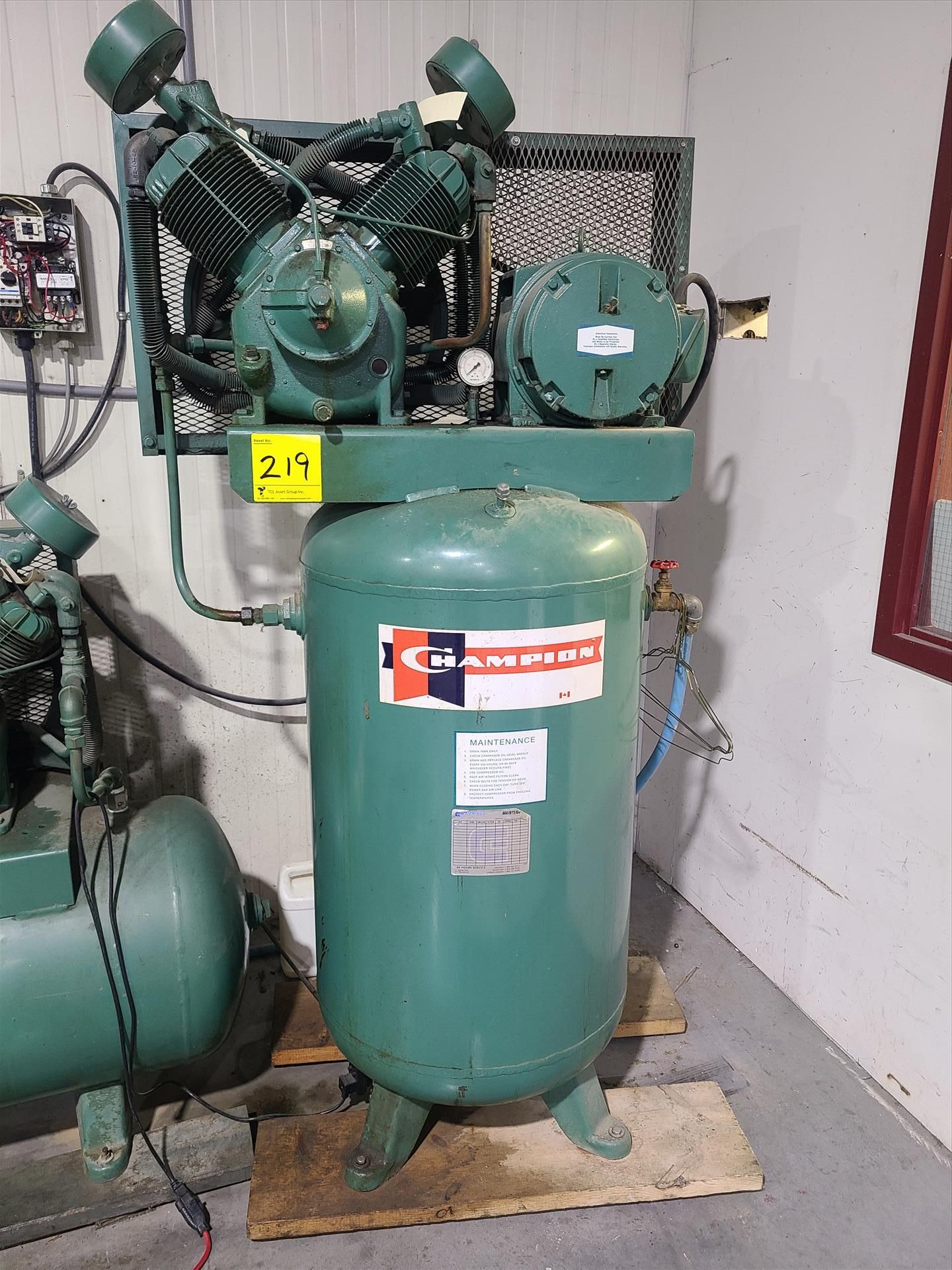 Champion air compressor, 10 hp, tank mounted [Refrigeration Area]