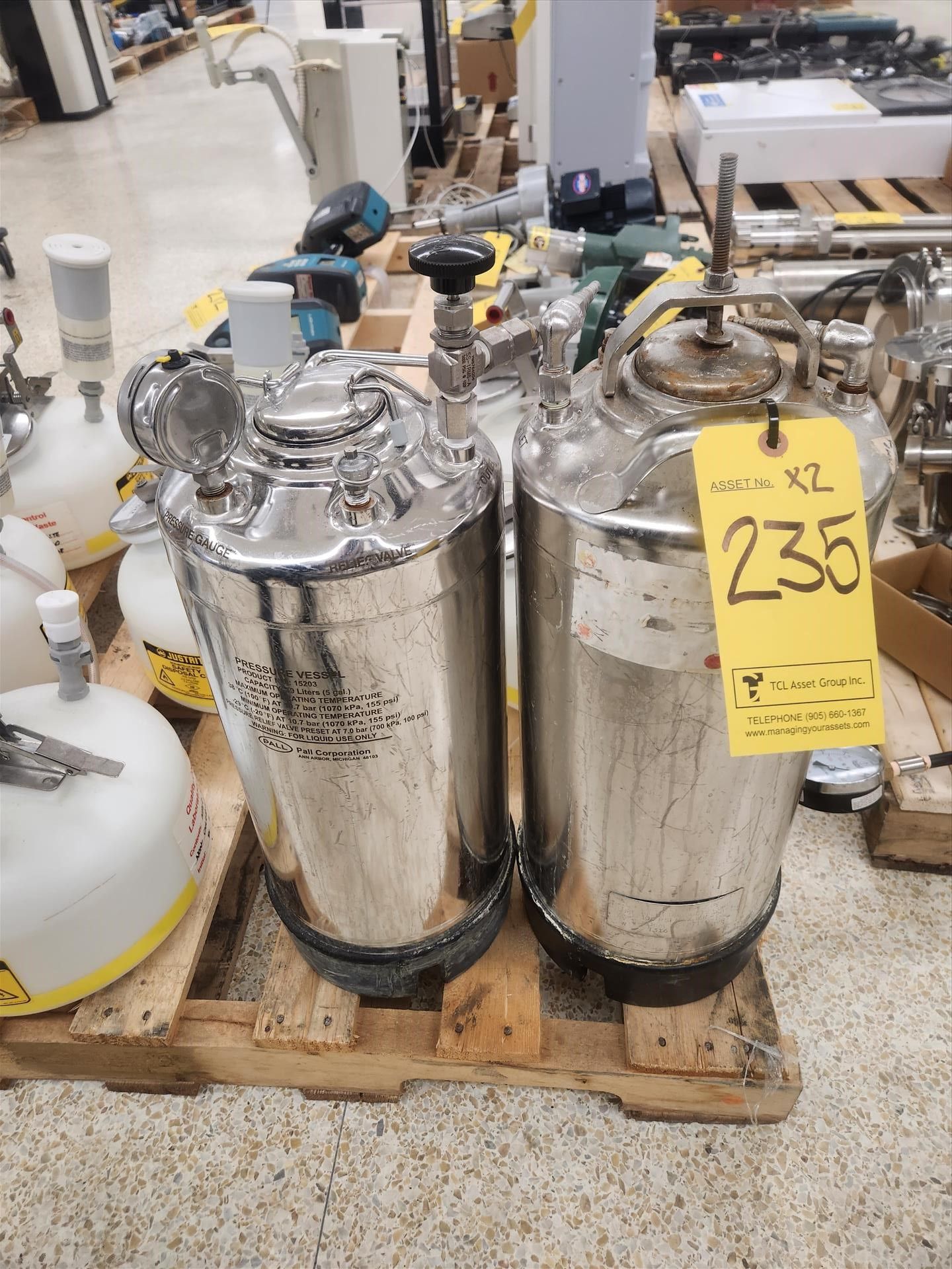 (2) Pall pressure vessels, 5 gal., stainless steel