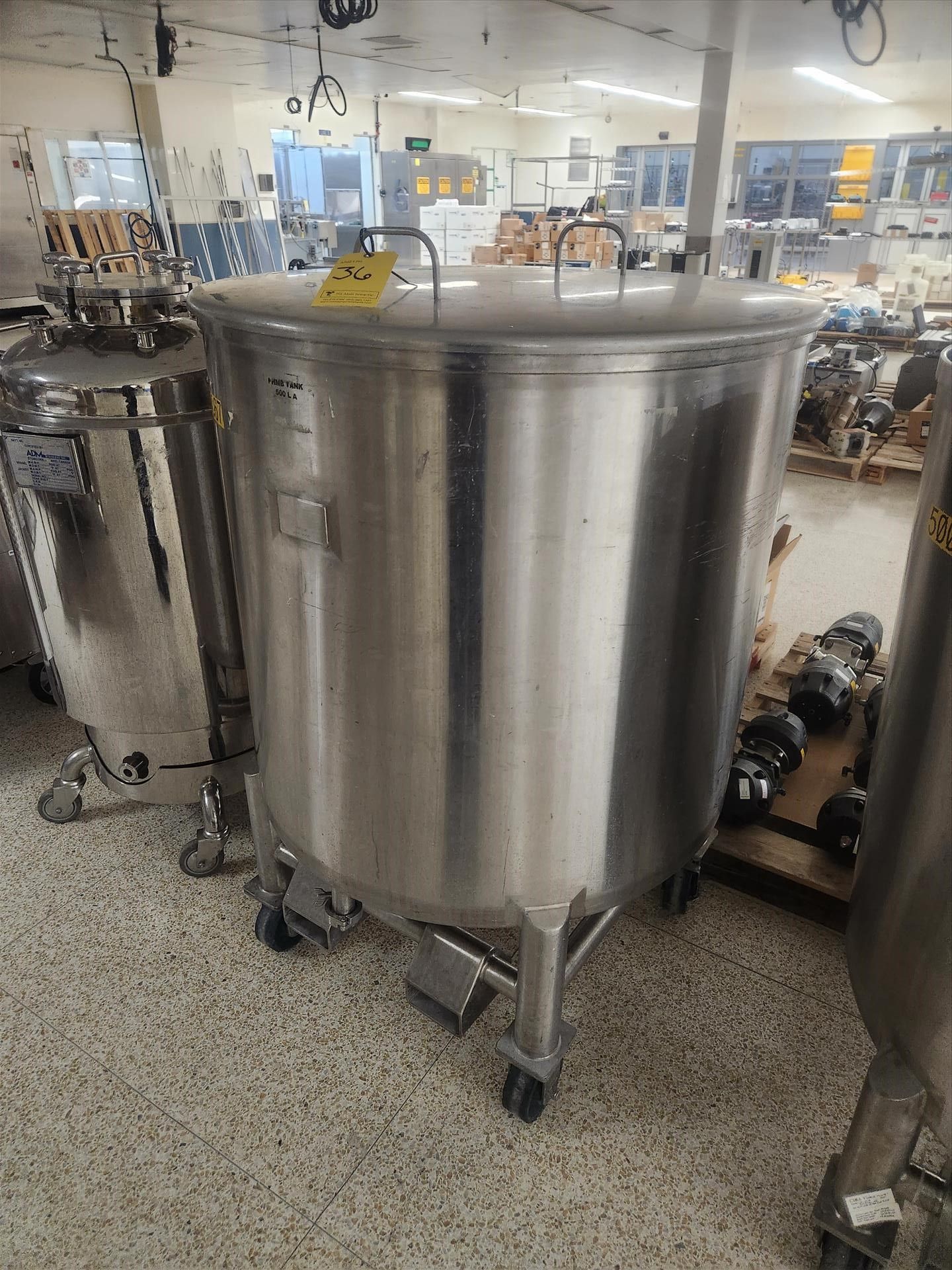 Inox tank, stainless steel, 500 L, open top w/ lid, bottom discharge, casters - Image 2 of 3