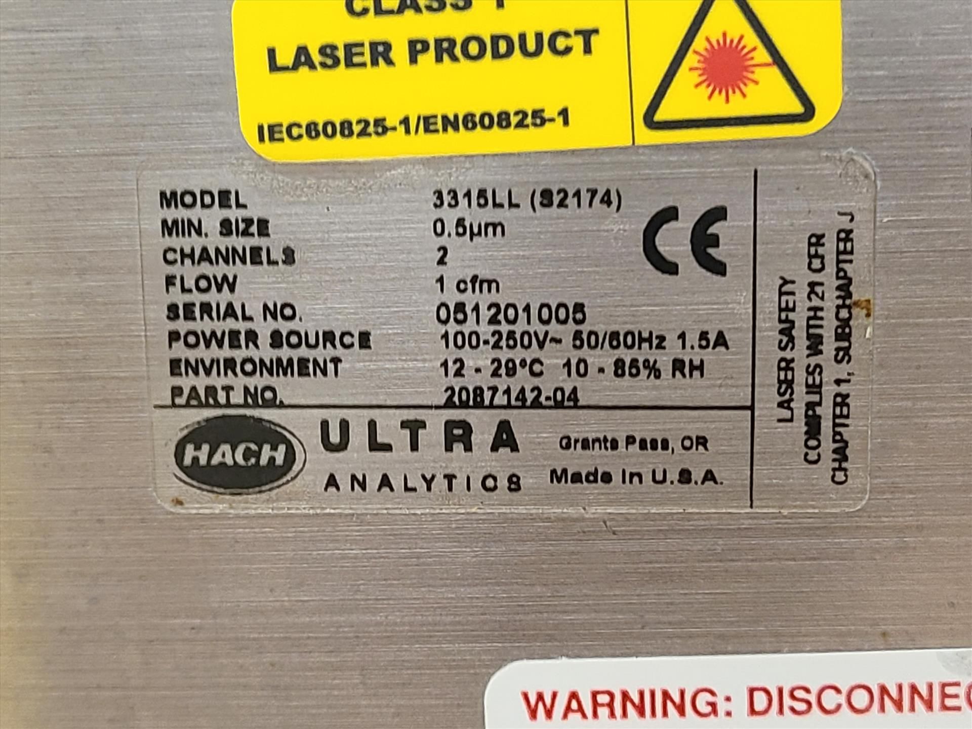 Hach Ultra Analytics Air Particle Counter, mod. 3315LL, ser. no. 051201005, 100-250 volts, 50/60 Hz - Image 4 of 4
