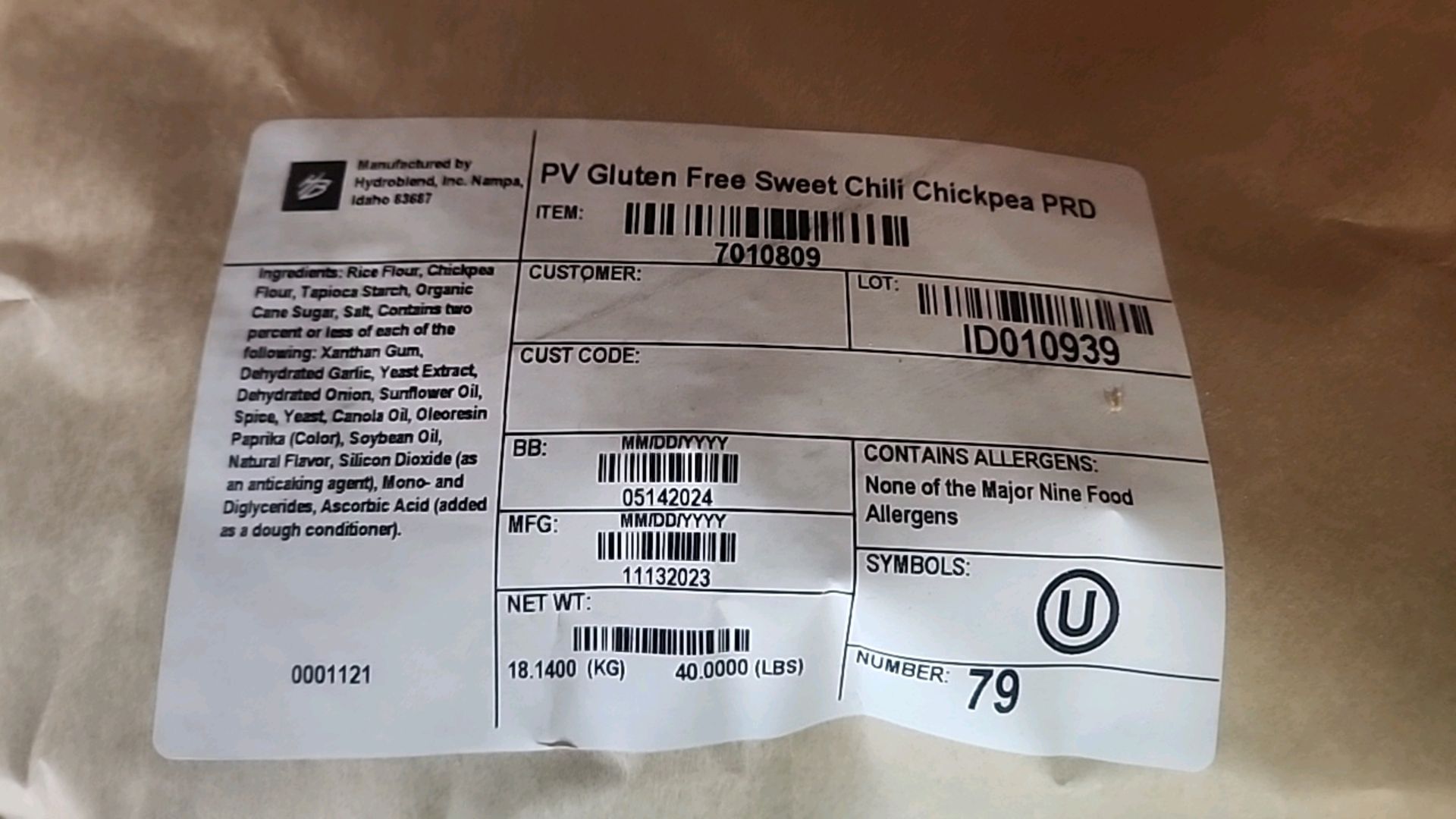 (30 bags/40 lbs ea. = 1200 lbs) Hydroblend PV GF sweet chili chickpea predust 7010809 [Loc. - Image 2 of 3