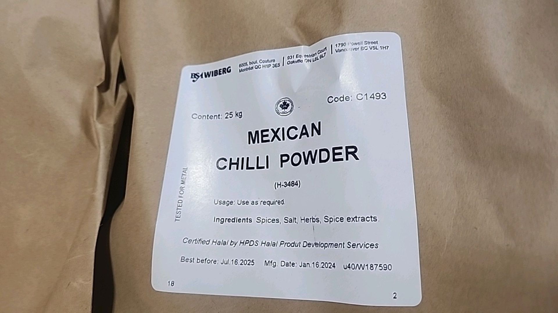 (3 bags/25 kg ea. = 75 kg) BSA Wiberg Mexican chili powder [Loc.Warehouse] - Image 2 of 2