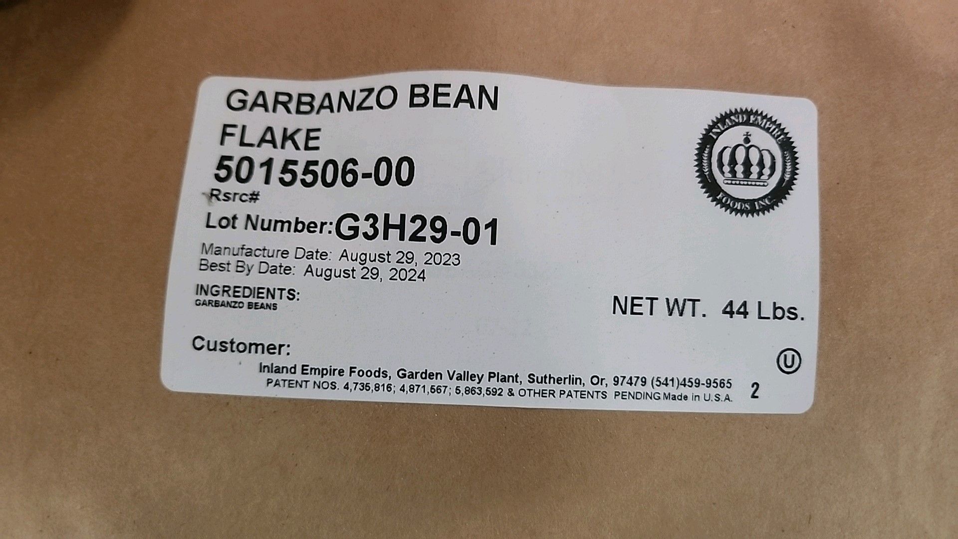 (1 pallet, 17 bags/44 lbs ea. = 748 lbs.) InlandEmpire Garbanzo bean flake [Loc.Warehouse] - Image 2 of 2