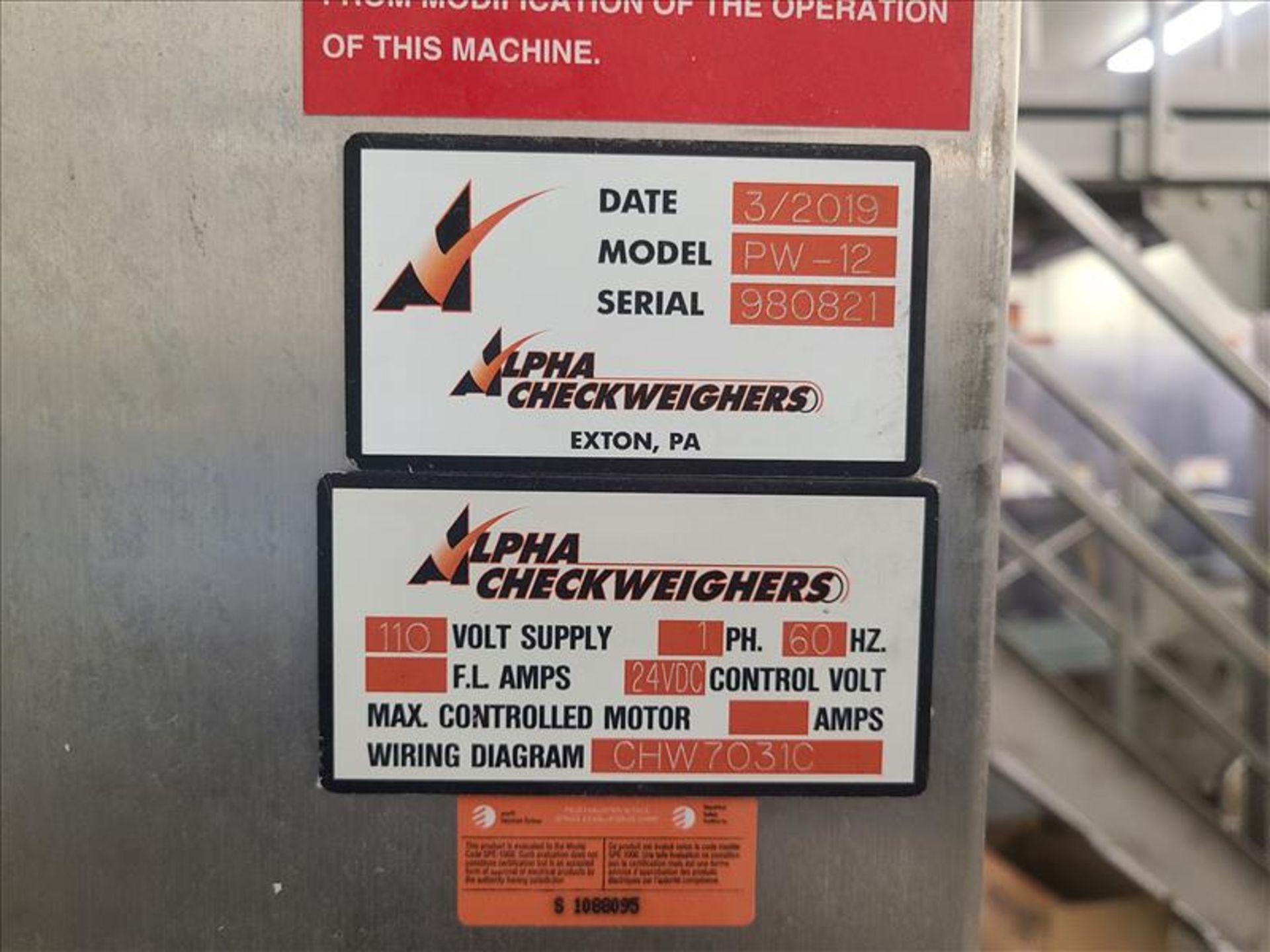 Alpha Checkweigher, mod. PW-12, ser. no. 980821, 110 volts, 1 phase, 60 Hz [near Line 2] - Image 3 of 3