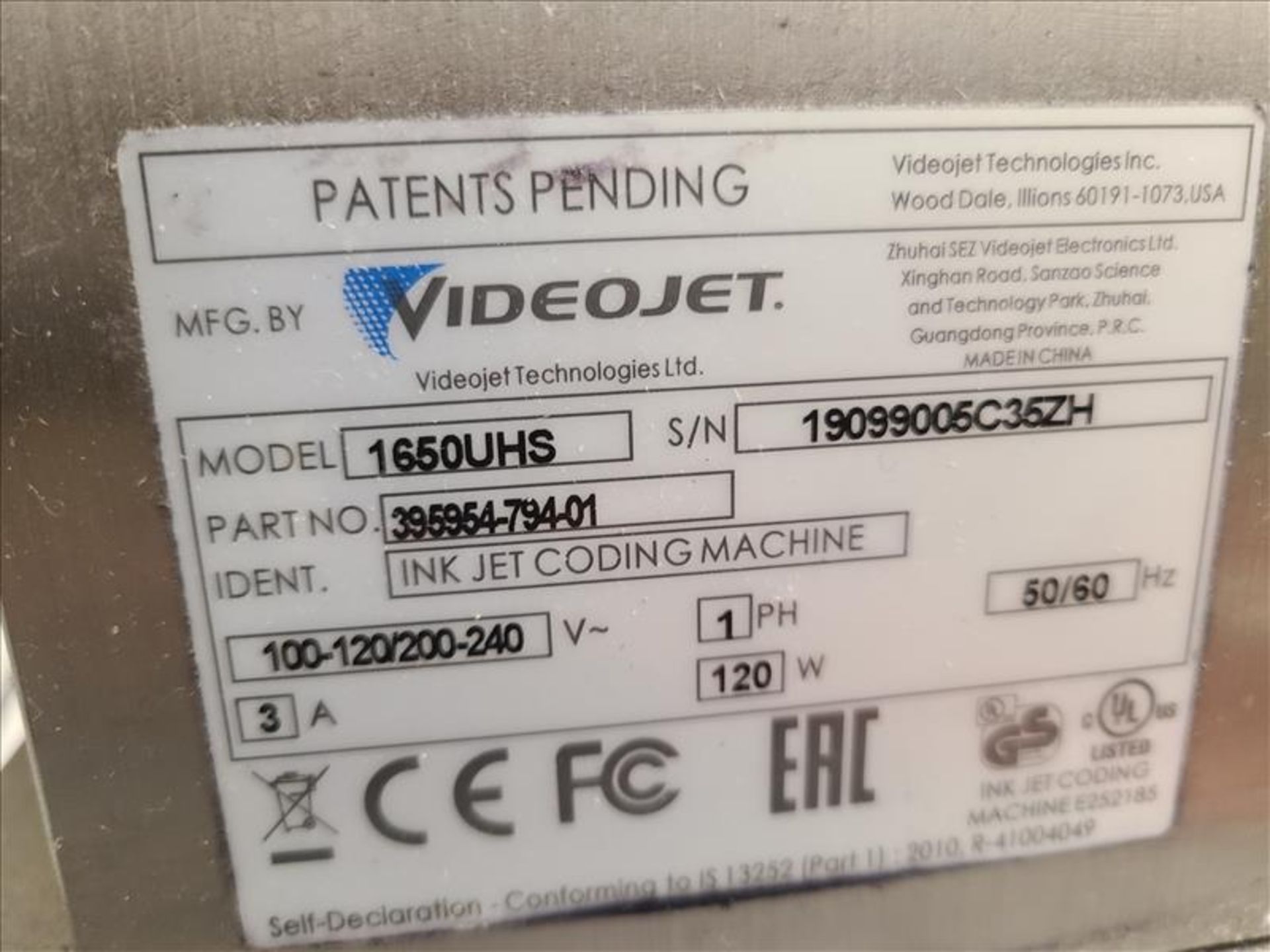 Videojet Ultra High Speed Ink Jet Printer, mod. 1650UHS, ser. no. 19099005C35ZH, 200-240 volts, 1 - Image 3 of 5