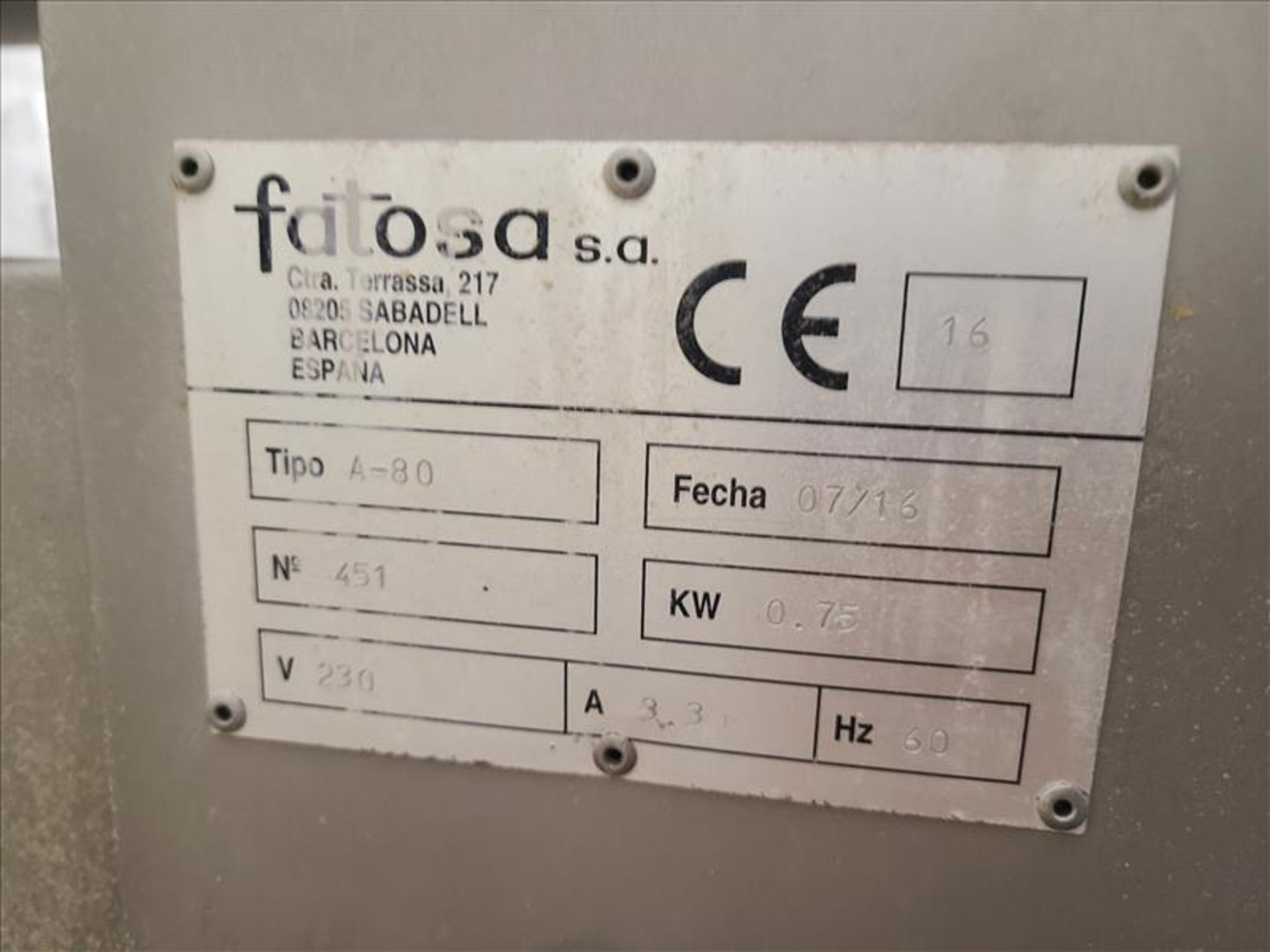 Fatosa Kneader Mixer, mod. A-80, ser. no. 451, 230 volts, 60 Hz (2016) [Line 4-Extrusion Room] - Image 4 of 4
