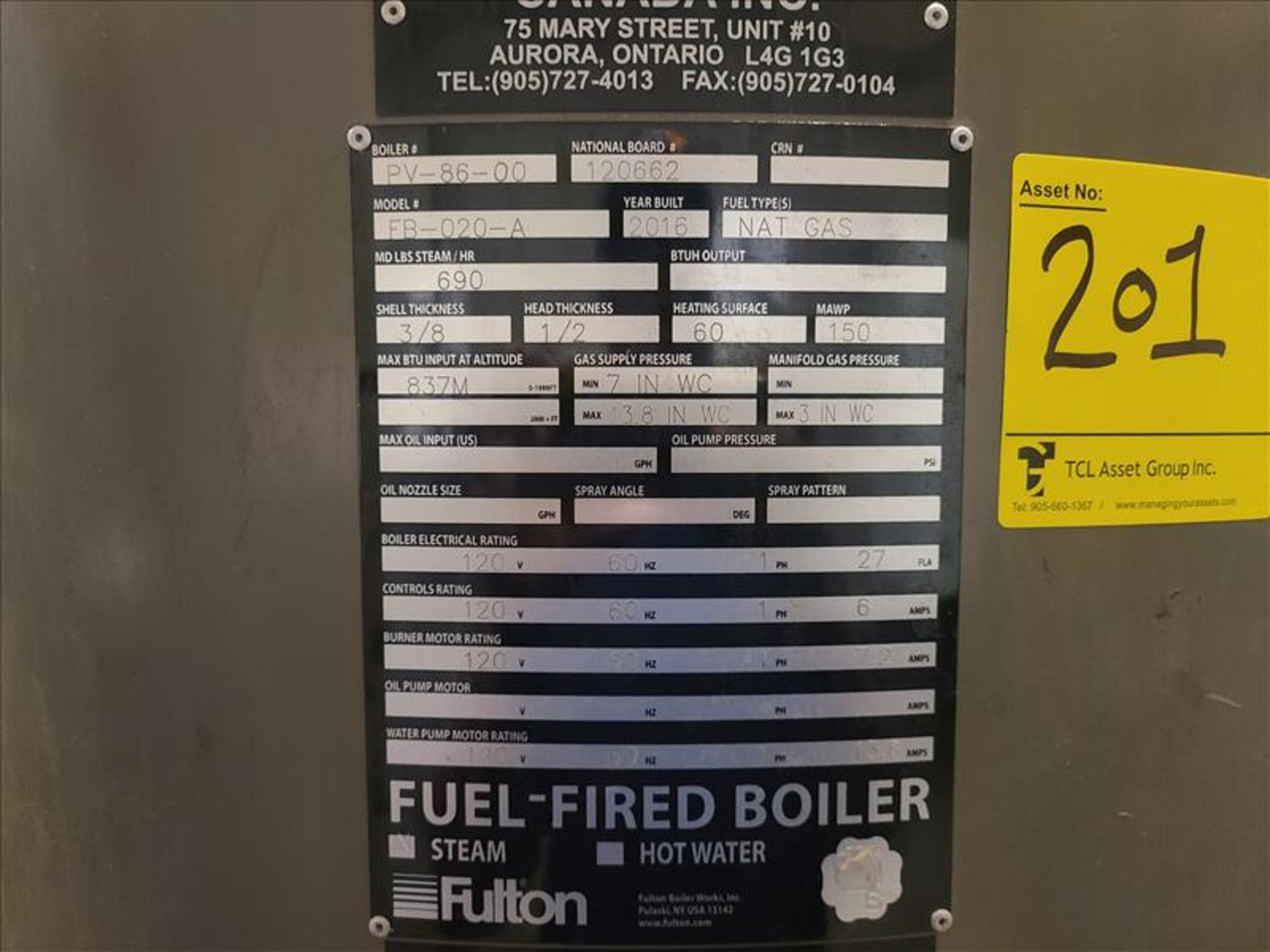 Fulton Fuel-Fired Vertical Tubeless Boiler, mod. FB-020-A, ser. no. PV-86-00, 120 volts, 1 phase, 60 - Image 2 of 2