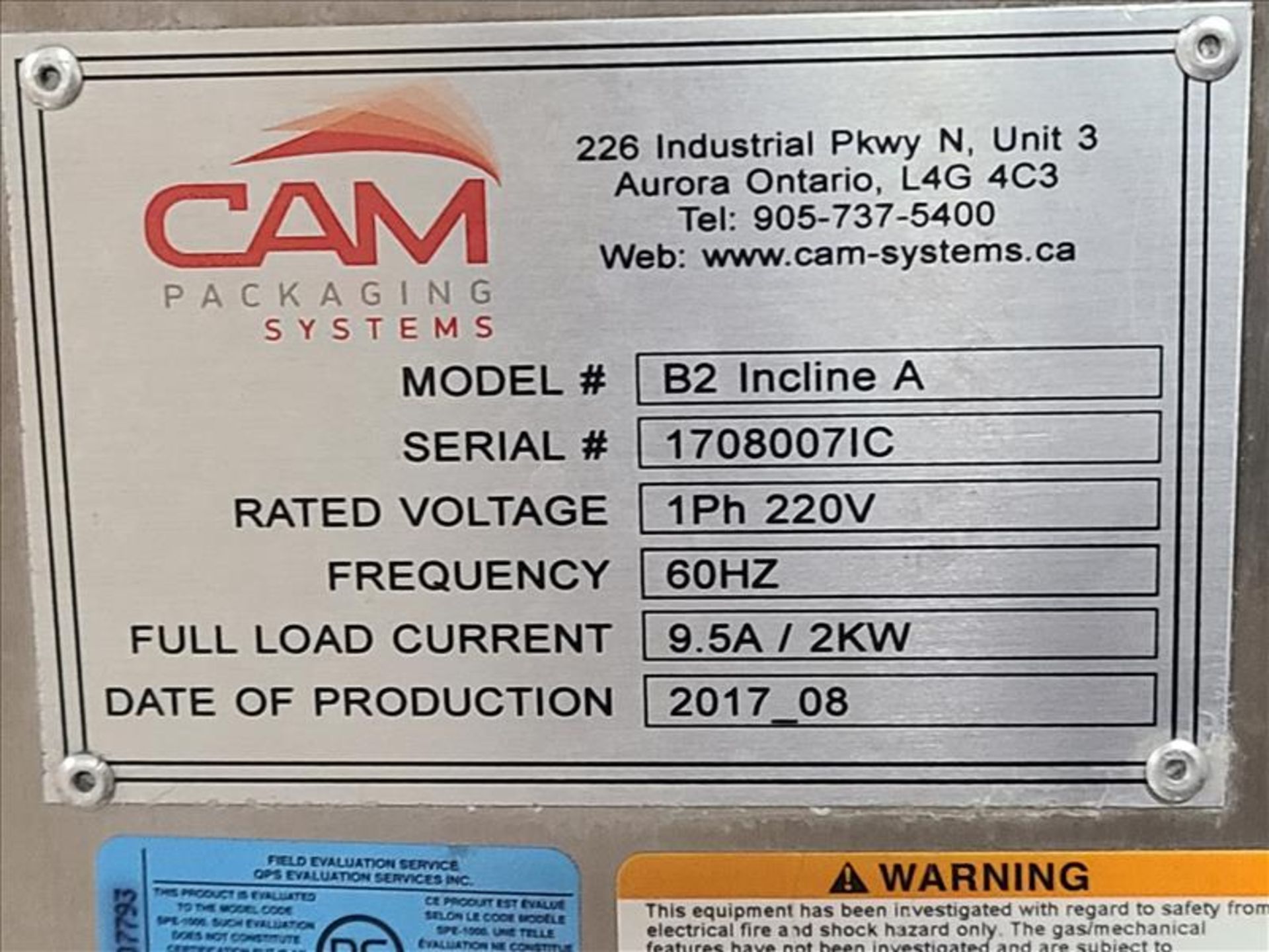 CAM Packaging Systems Incline conveyor, mod. B2 Incline A, ser. no. 1708007IC, 220 volts, 1 phase, - Image 3 of 3