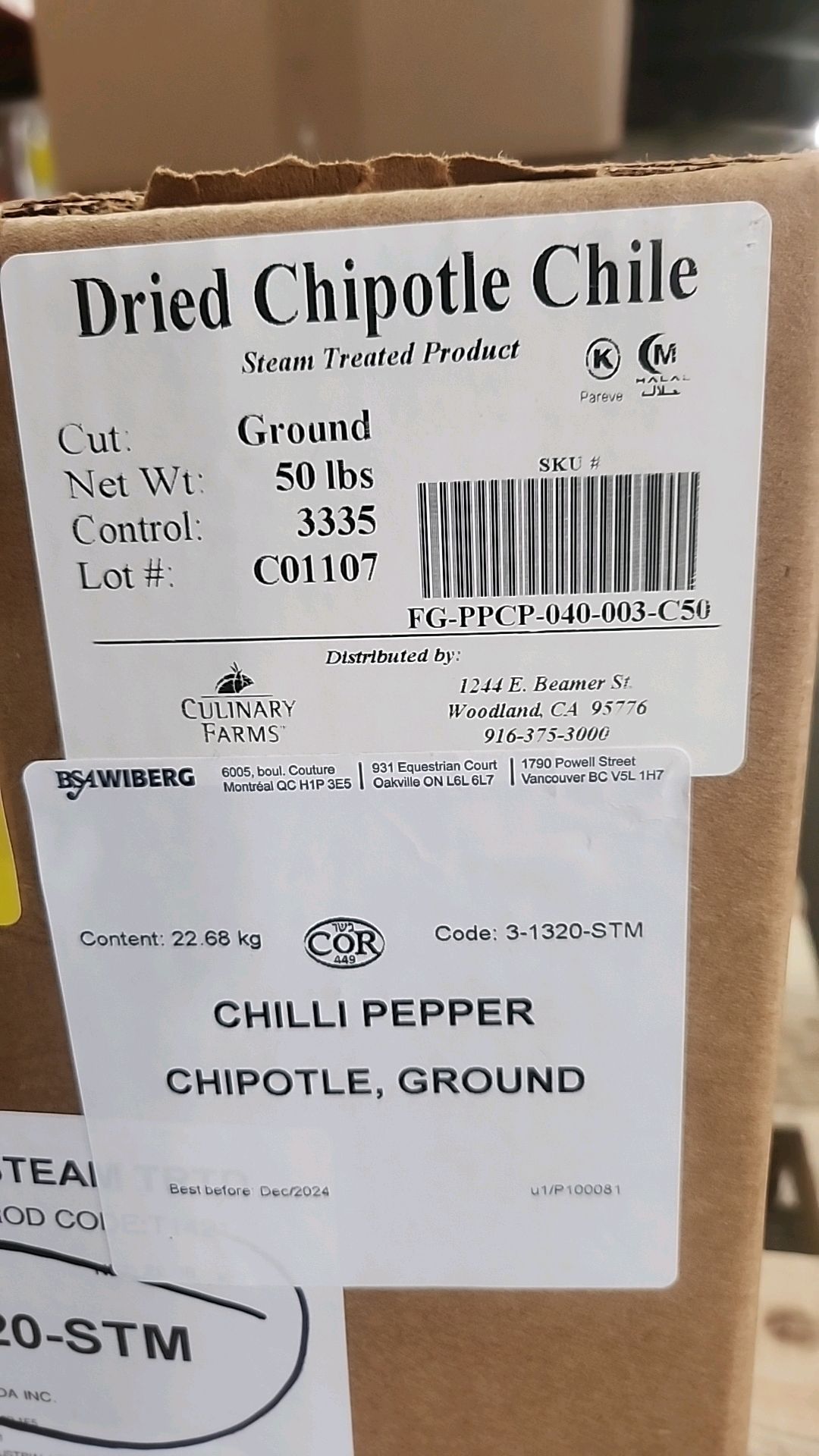 (1 box/50 lbs) BSA Wiberg dried chipotle chili [Loc.Warehouse] - Image 2 of 2