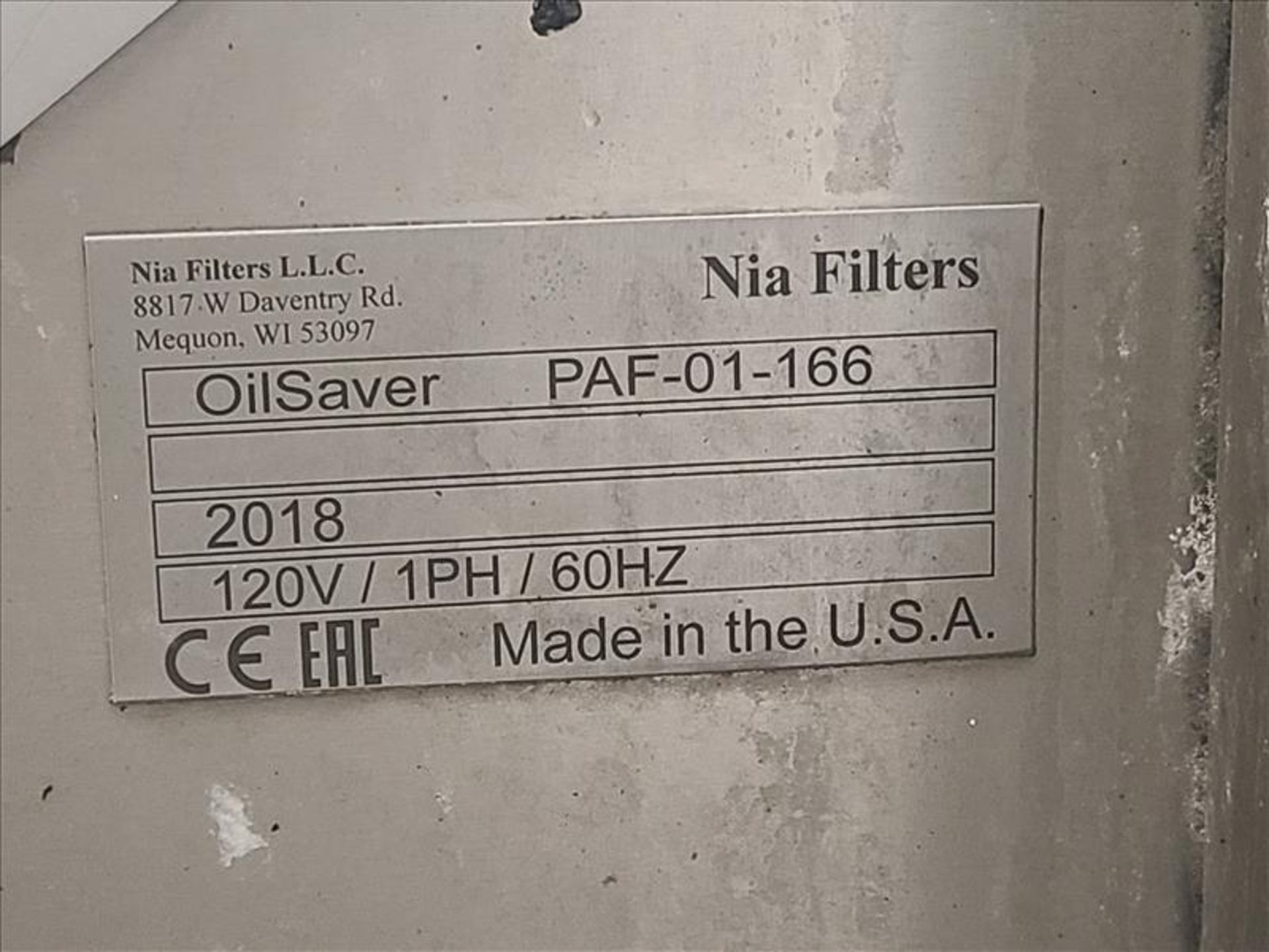 Nia Filters OilSaver, mod. PAF-01-166, 120volts, 1 phase, 60 Hz (2018) [Loc.Line 2] - Image 3 of 3