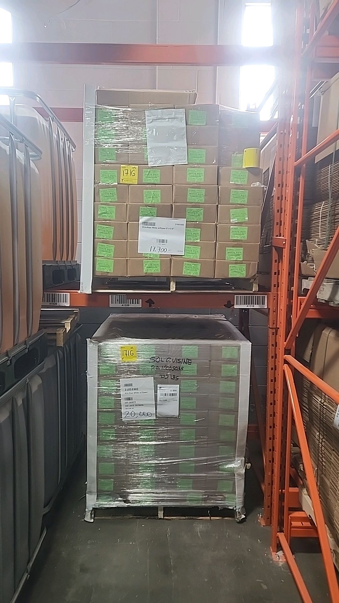 (3 pallets, 195 boxes/250 ea. = 48,750) NEW white bags OBG 4MIL, 9.125 in. x 12.5 in. OD 4.5 in. [