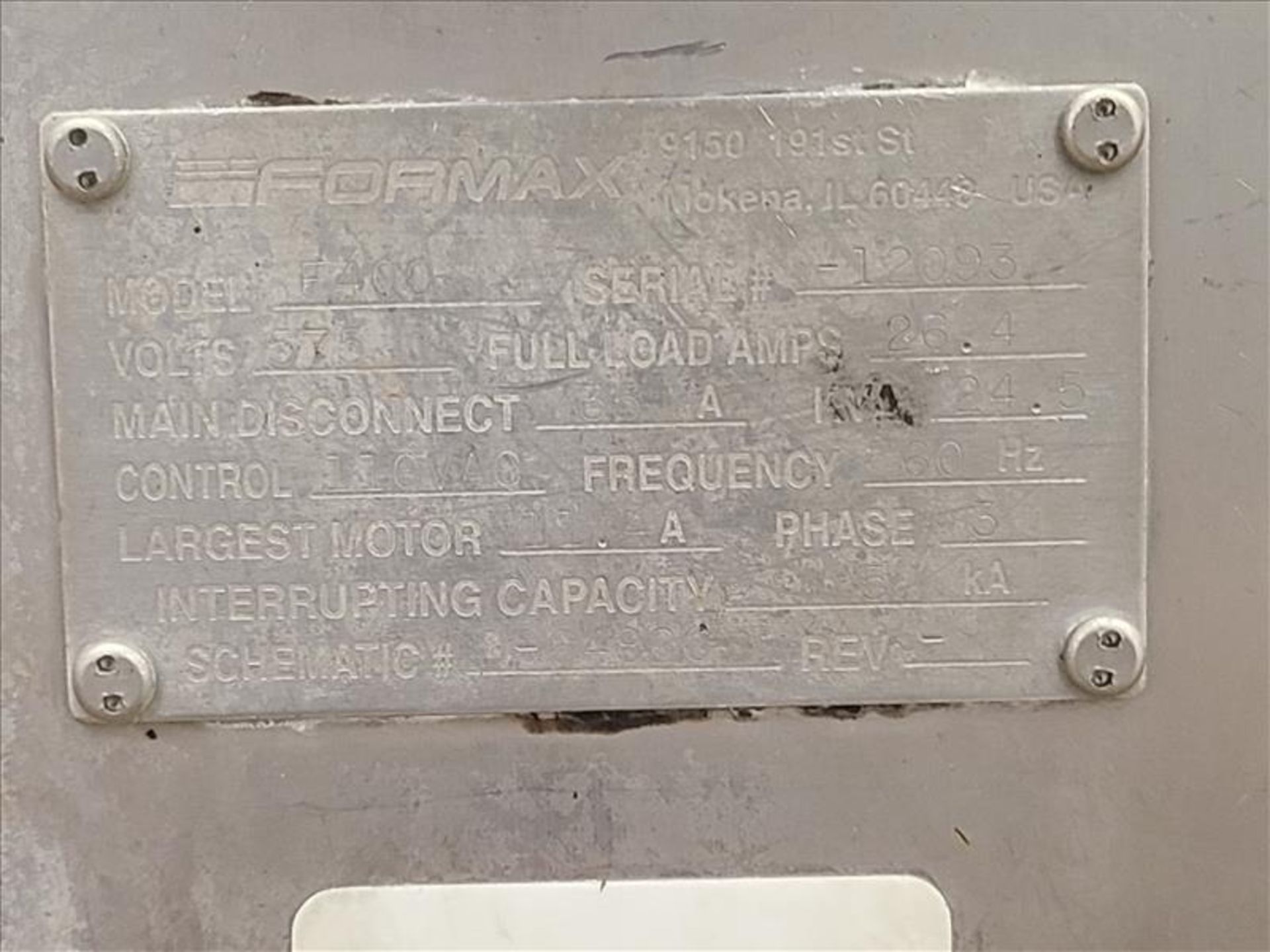 Formax Forming Machine, mod. F400, ser. no. 12093, 575 volts, 3 phase, 60 Hz [Line 3] - Image 3 of 4