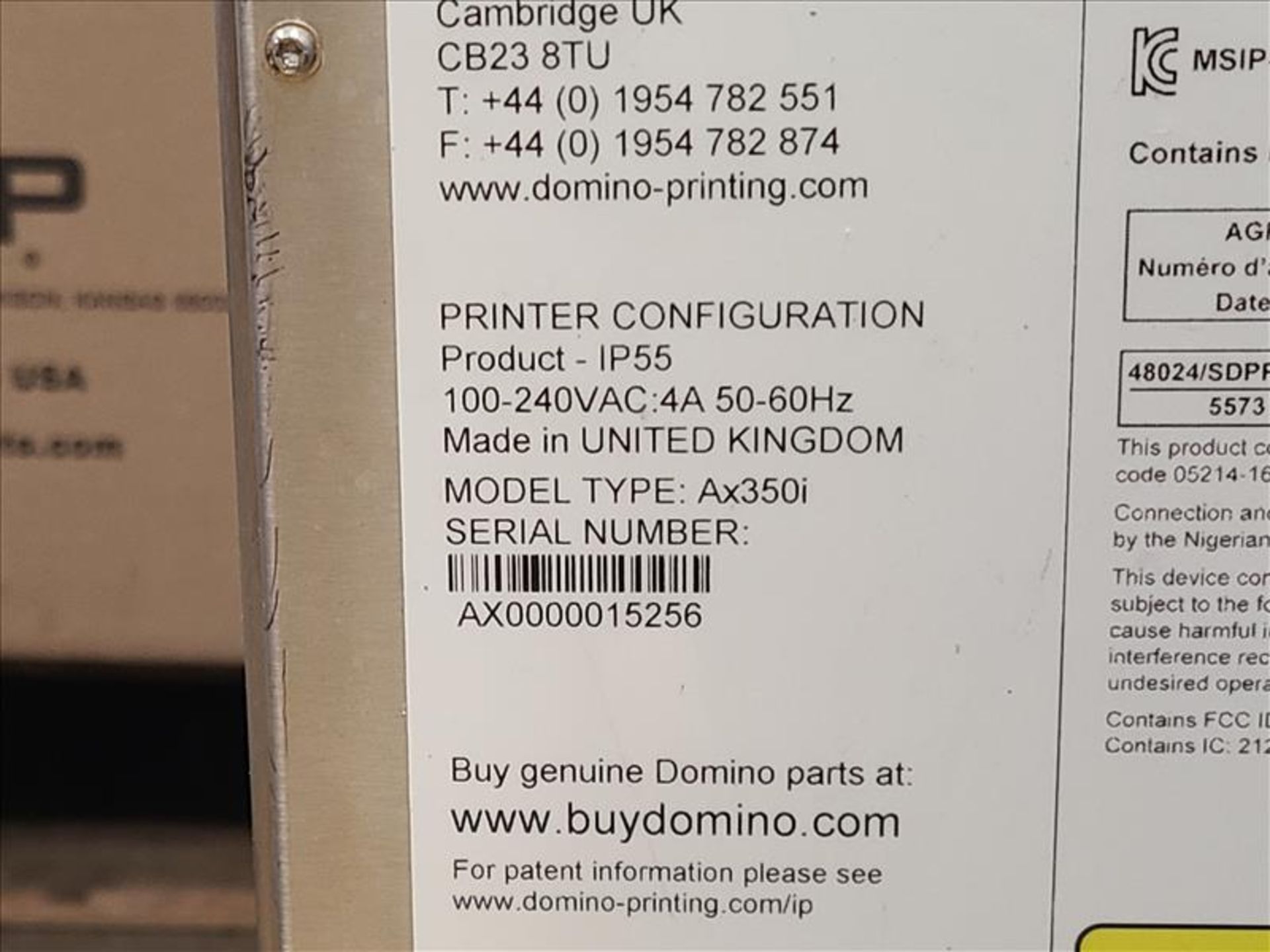Domino Inkjet Printer, mod. Ax350i, ser. no. AX0000015256 [Loc. Maintenance Dept.] - Bild 3 aus 3