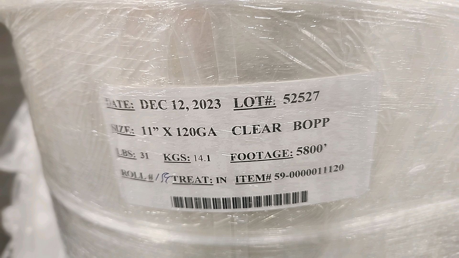 (1 pallet, 22 rolls/5800 ft ea. = 127,600 ft) film, 11 in. x 120GA CLEAR BOPP [Loc.Finished Goods - Image 2 of 2