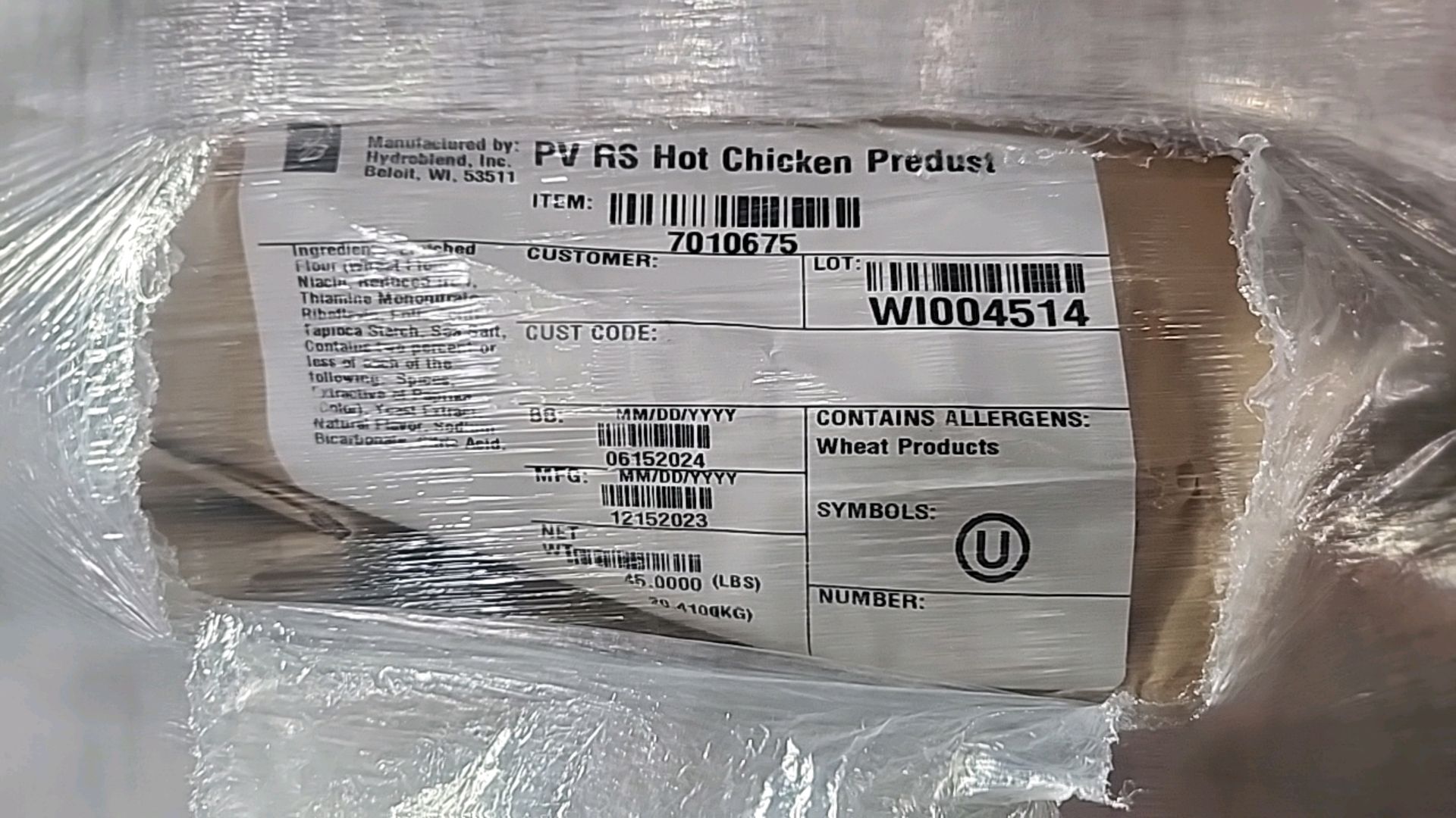 (4x pallets, 169 bags/45 lbs ea. = 7600 lbs.) Hydroblend hot chicken predust LS 7010675 non-GMO [ - Image 2 of 2