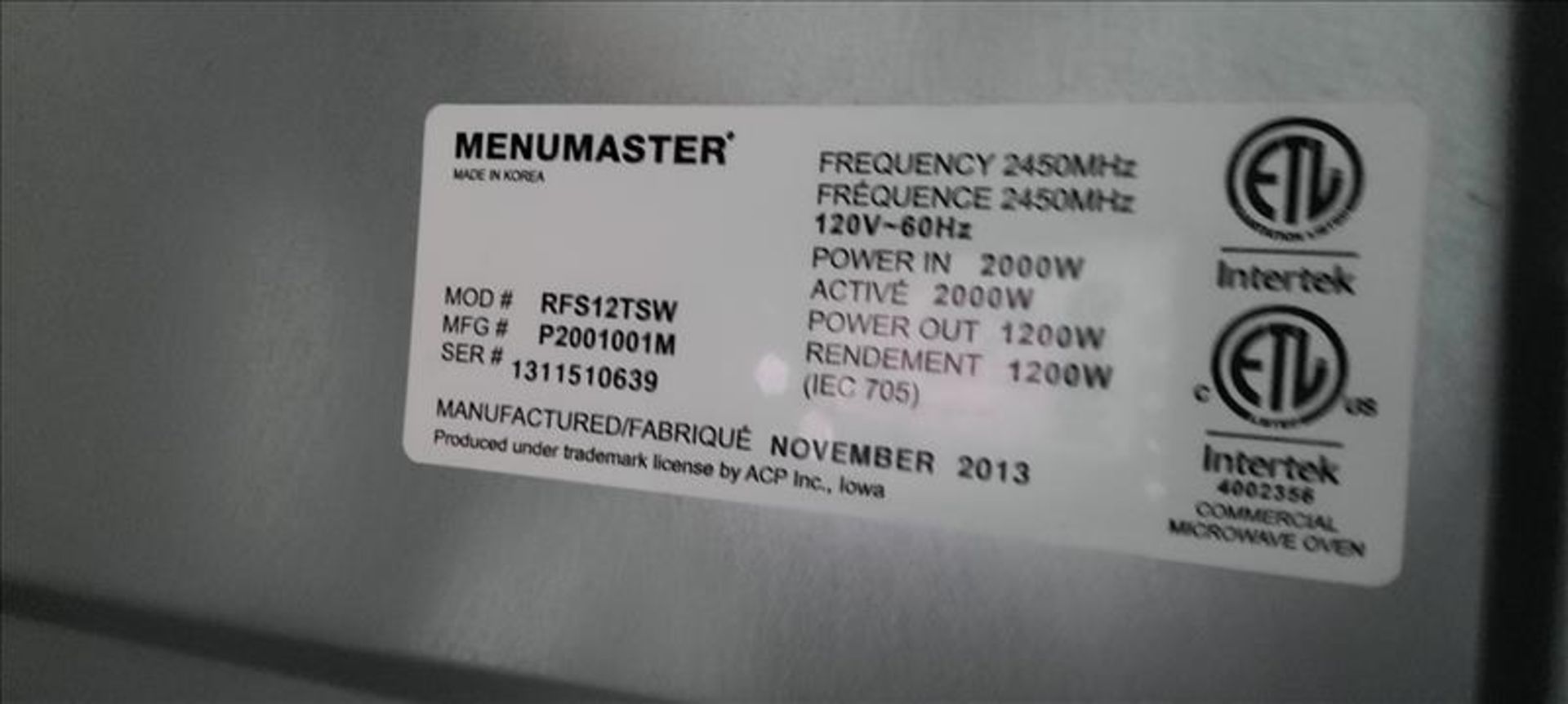 Menumaster Commercial Microwave, mod. RFS12TSW, ser. no. 1311510639, 120 volts, 60 Hz [Loc. - Image 5 of 6