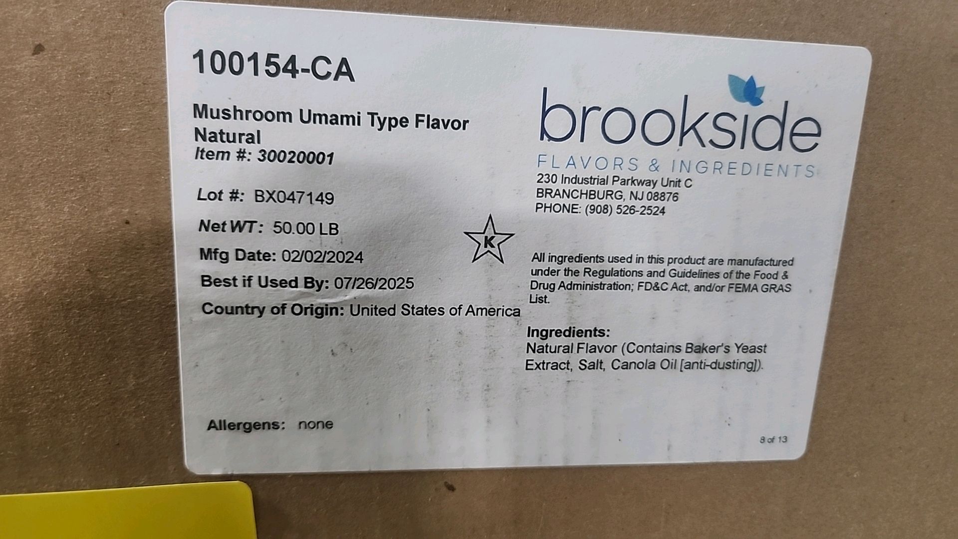 (1 pallet, 8 boxes/50 lbs ea. = 400 lbs) Brookside 100154-CA natural umami mushroom type flavor [ - Image 2 of 2