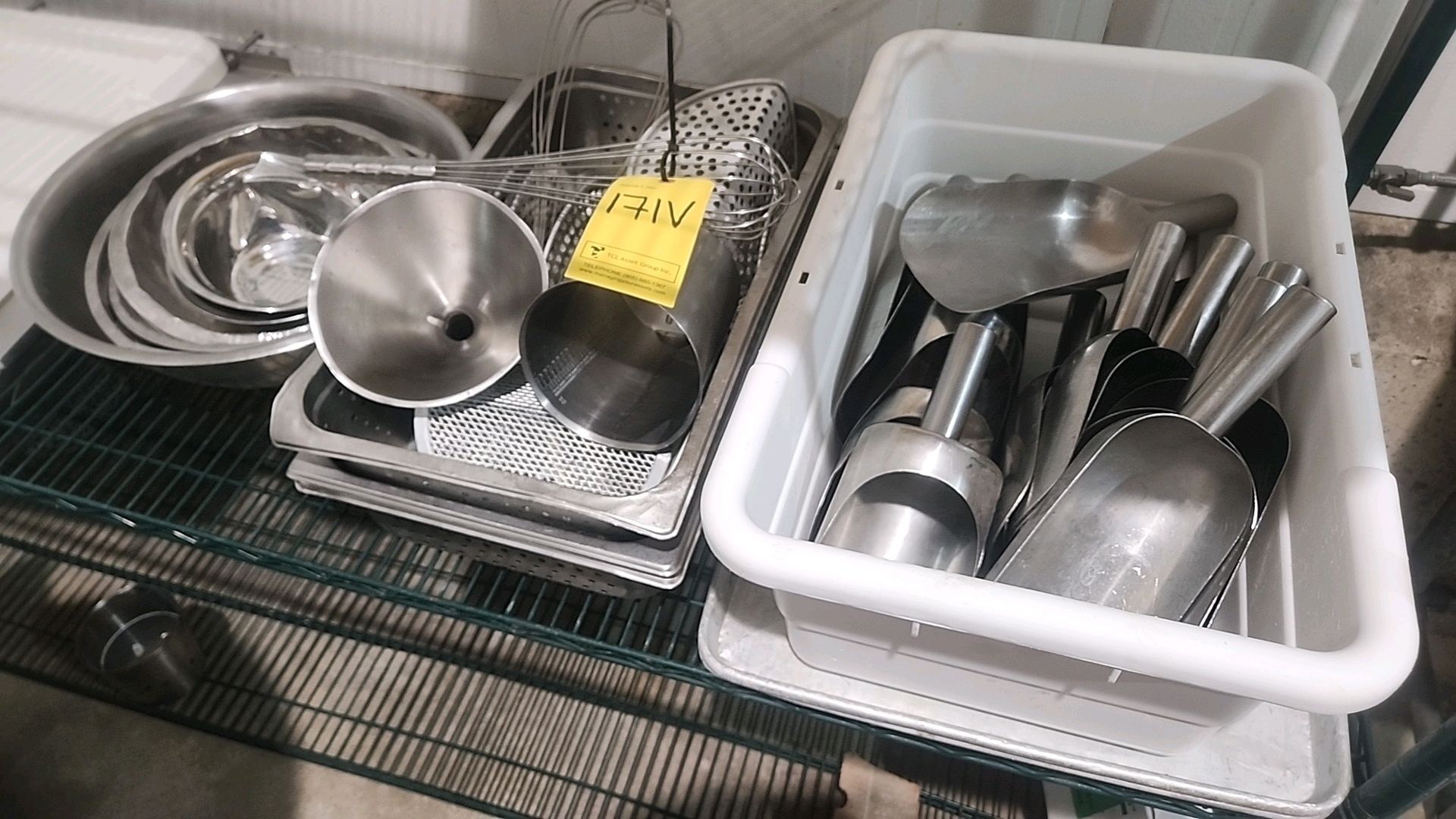 misc. stainless steel bowls, ice scoops, etc. [Loc.Sanitation/Washdown Room]