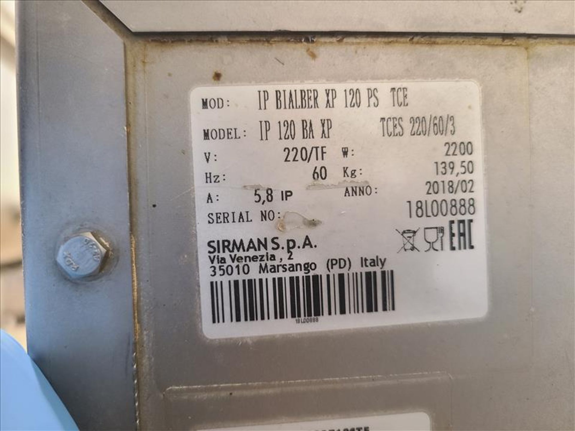 Sirman Twin Shaft Paddle Mixer, mod. IP 120 BA XP, ser. no. 18L00888, 220 volts, 3 phase, 60 Hz [ - Image 4 of 4