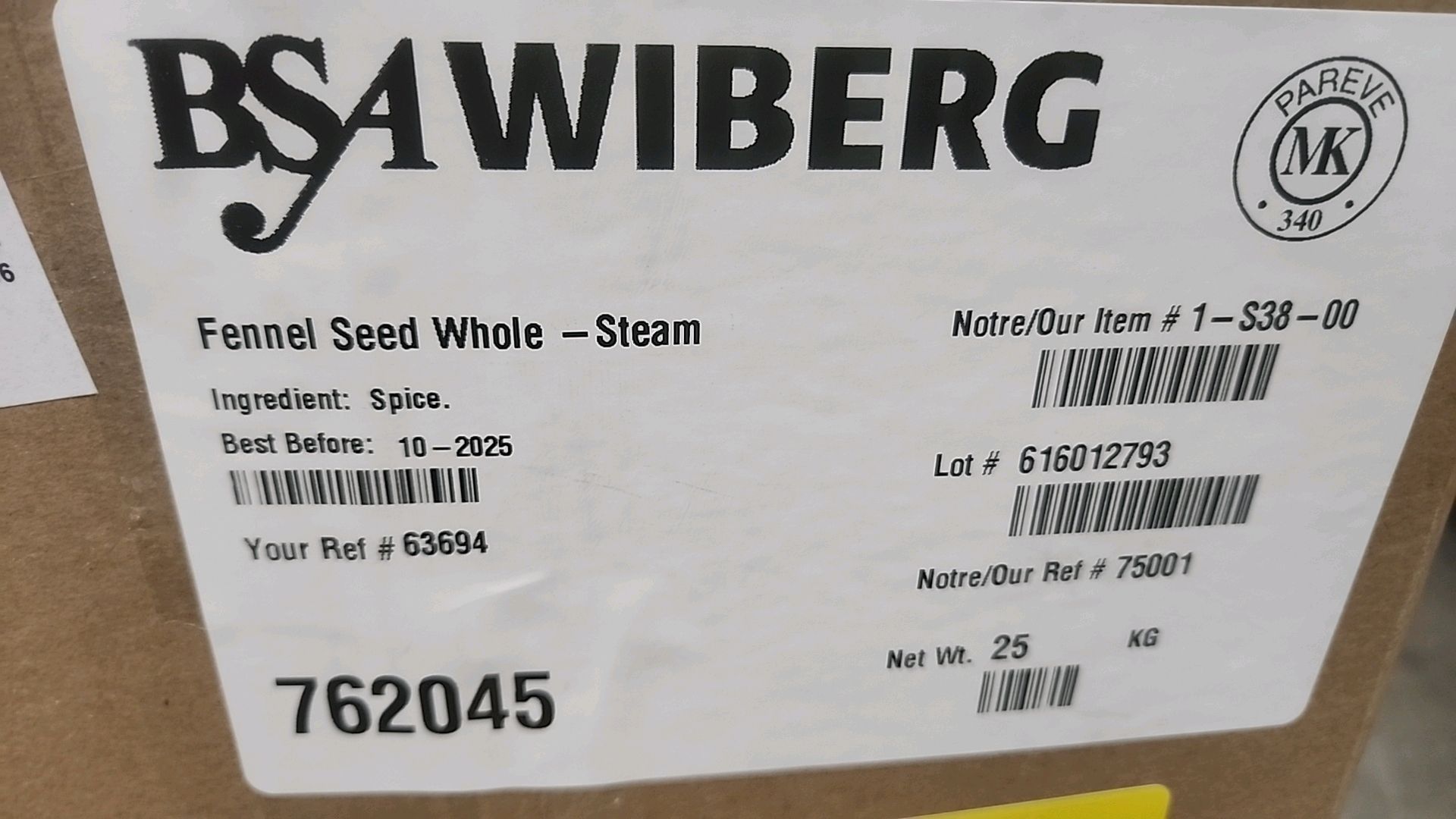 (2 box/25 kg ea. = 50 kg) BSA Wiberg steamed whole fennel seed [Loc.Warehouse] - Image 3 of 3