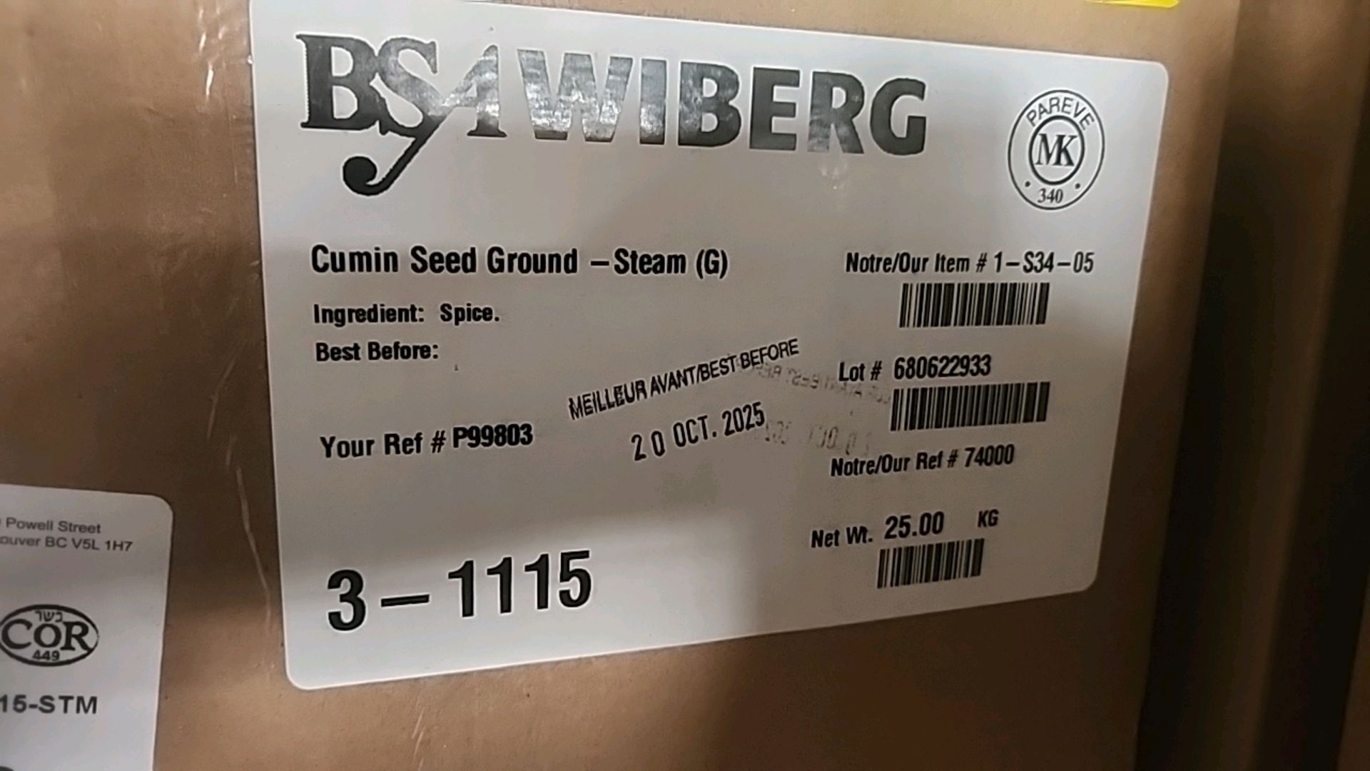 (8 boxes/25 kg ea. = 200 kg) BSA Wiberg ground cumin 3-1115-STM [Loc.Warehouse] - Image 3 of 3