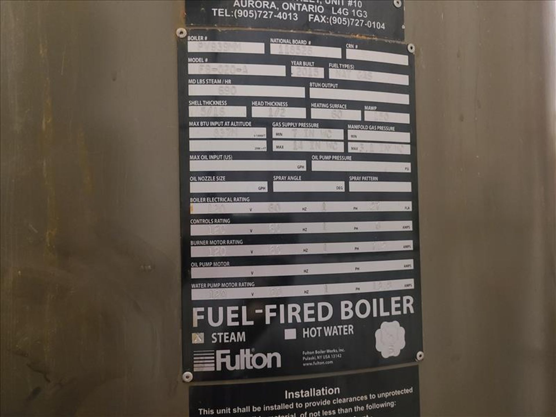 Fulton Fuel-Fired Vertical Tubeless Boiler, mod. FB-020-A, ser. no. PV939MM, 120 volts, 1 phase, - Image 2 of 2