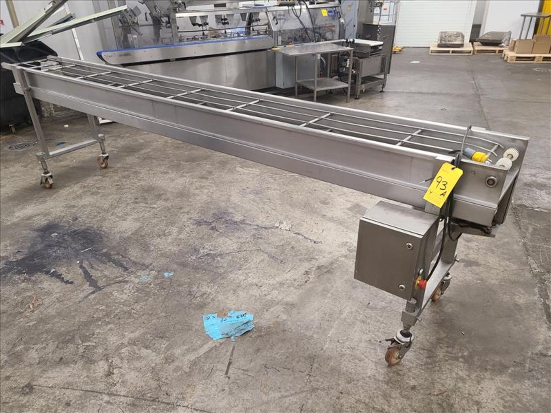 Conveyor, approx. 152 in. long x 16 in. wide, w/stainless steel motor, steel frame, casters [Loc.