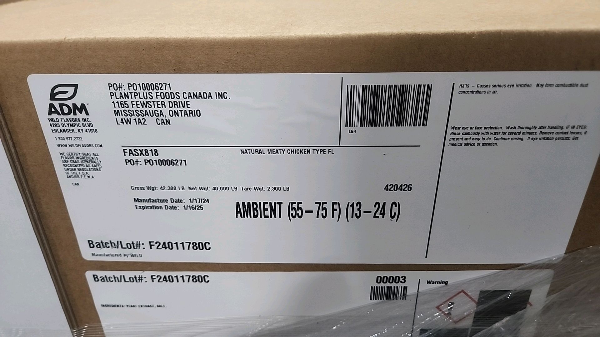 (1pallet, 8 boxes/40 lbs ea. = 320 lbs) ADM FASX818 natural meaty chicken type flavor [Loc. - Image 2 of 2