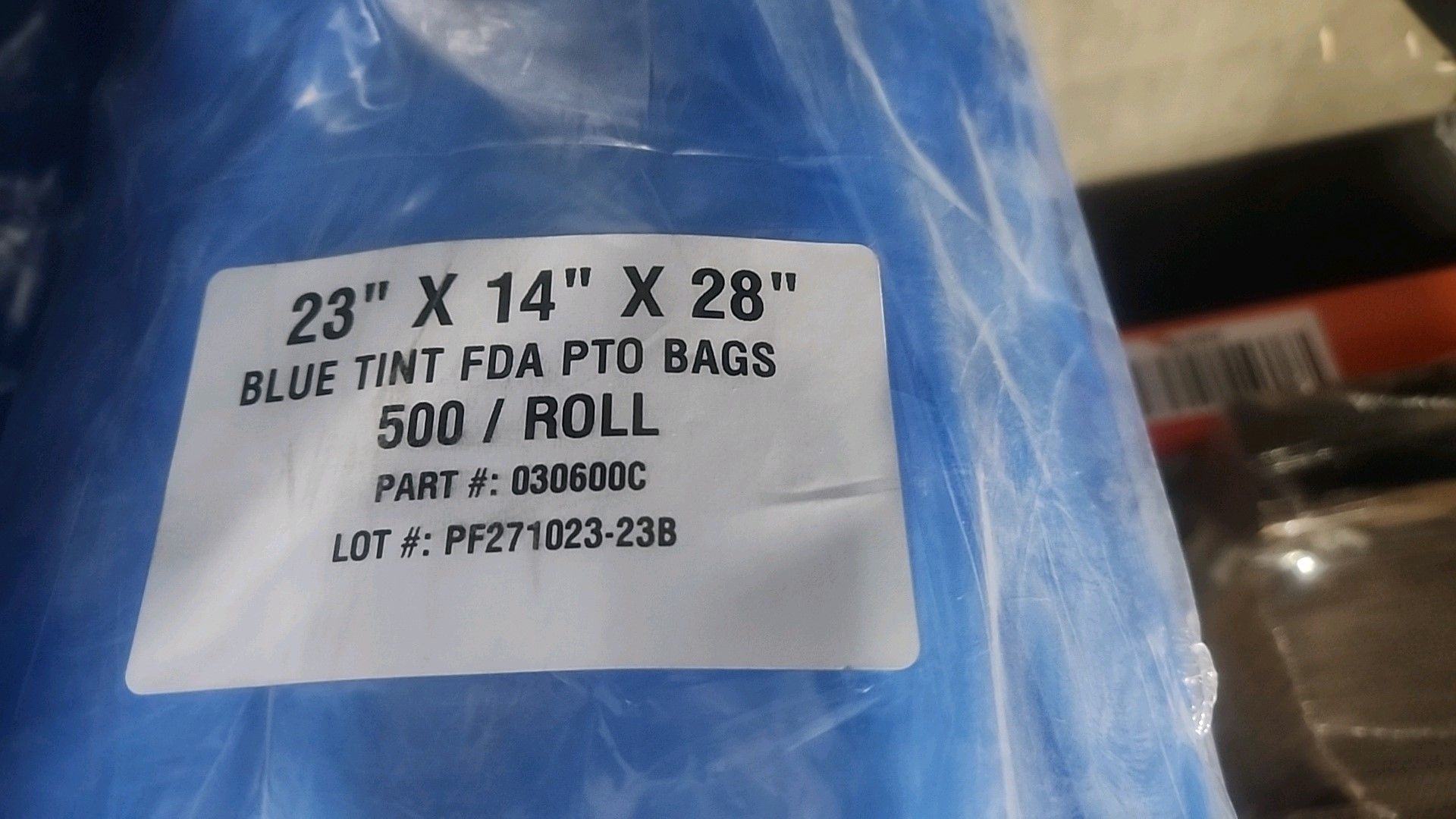(1 pallet, 15 rolls/500 ea. = 7,500) NEW blue bags BLUE TINT FDA PTO, 23 in. x 14 in. x 28 in. [ - Image 2 of 2