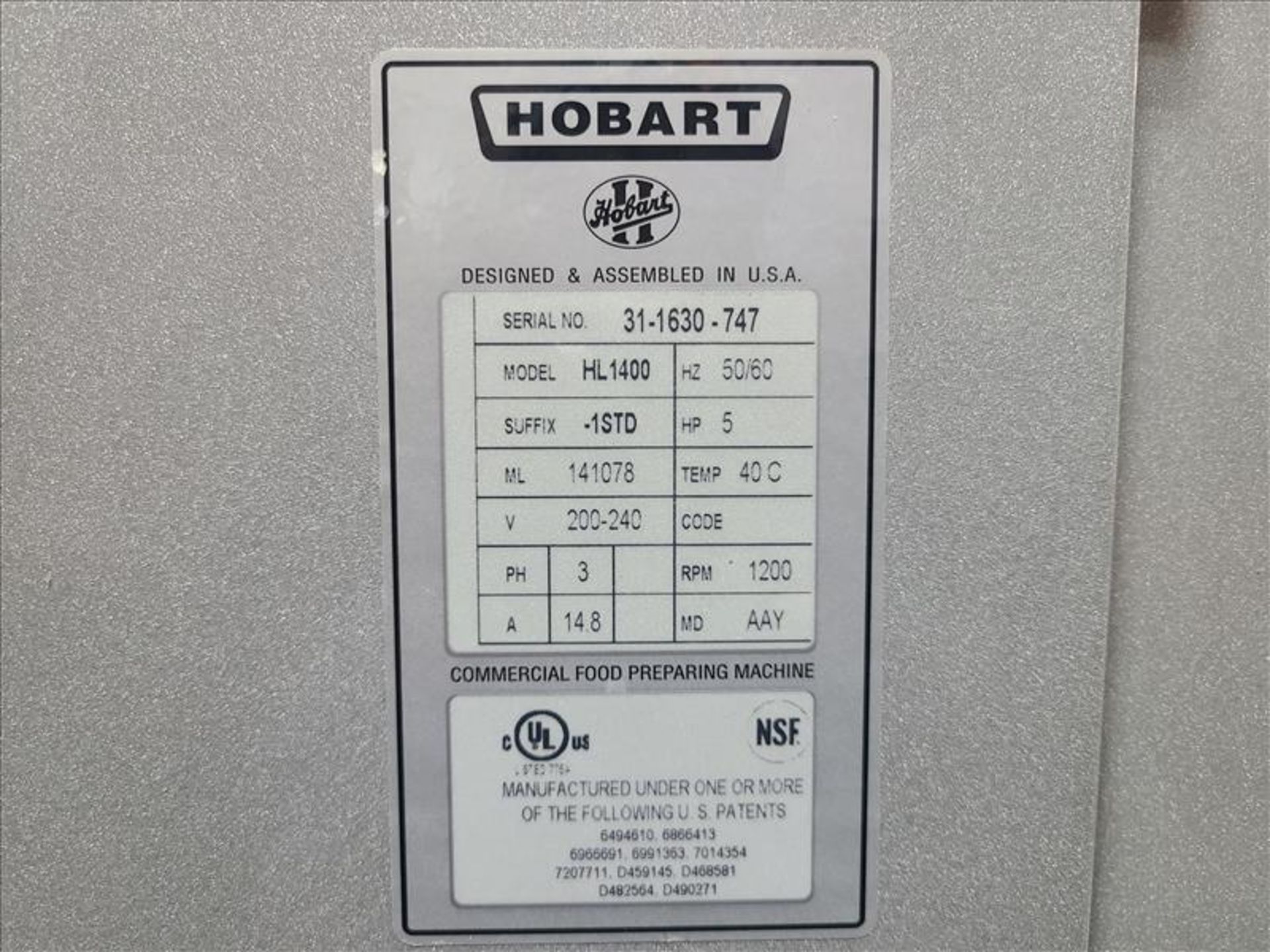 Hobart Legacy Planetary Floor Mixer, mod. HL-1400, ser. no. 31-1630-747, 140 Qt., 1200 RPM, 5 hp, - Image 8 of 9