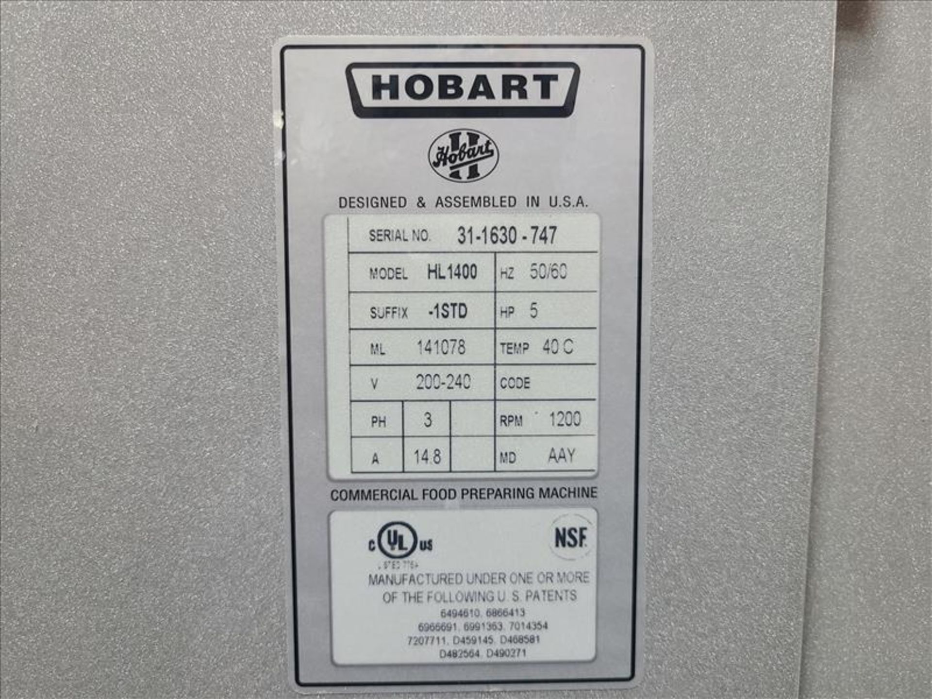 Hobart Legacy Planetary Floor Mixer, mod. HL-1400, ser. no. 31-1630-747, 140 Qt., 1200 RPM, 5 hp, - Bild 8 aus 9