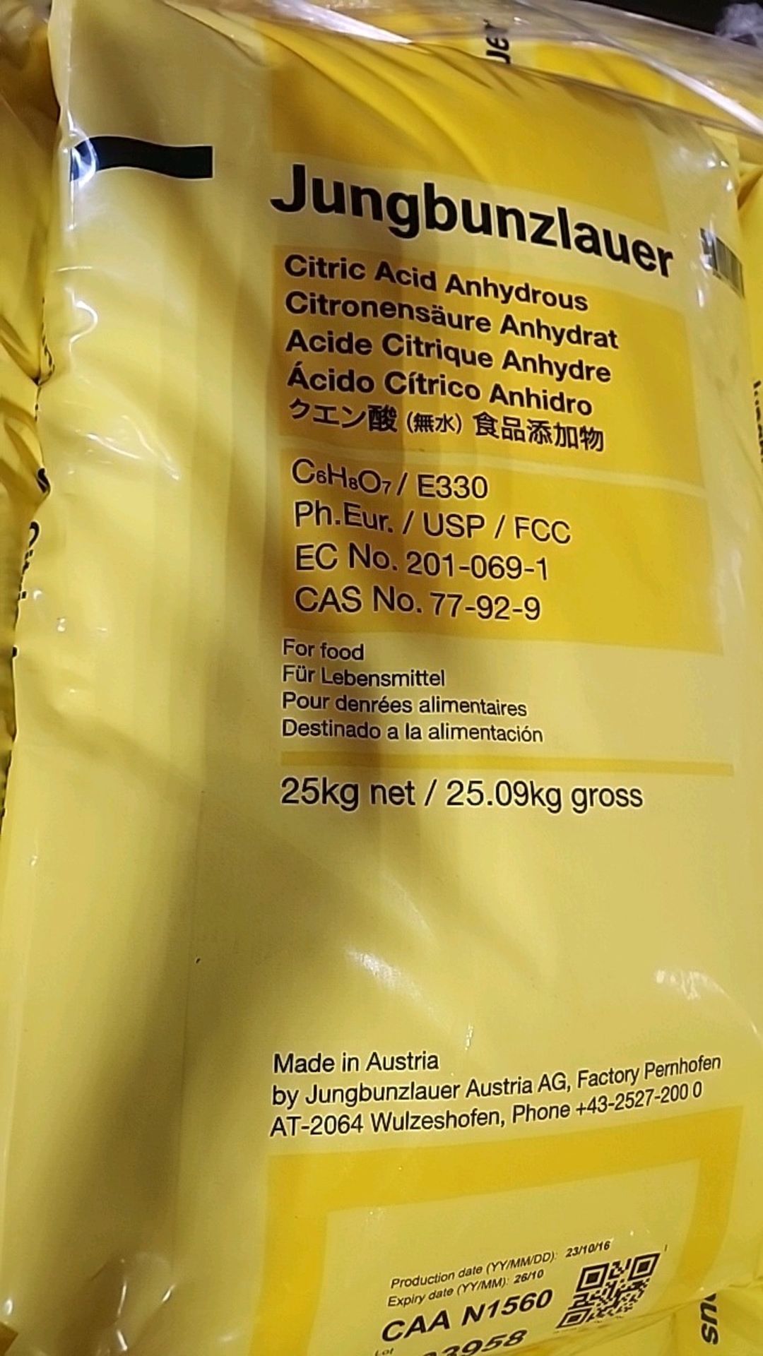 (8 bags/25 kg ea. = 200 kg) Jungbunzlauer citric acid anhydrous [Loc.Warehouse] - Image 2 of 2