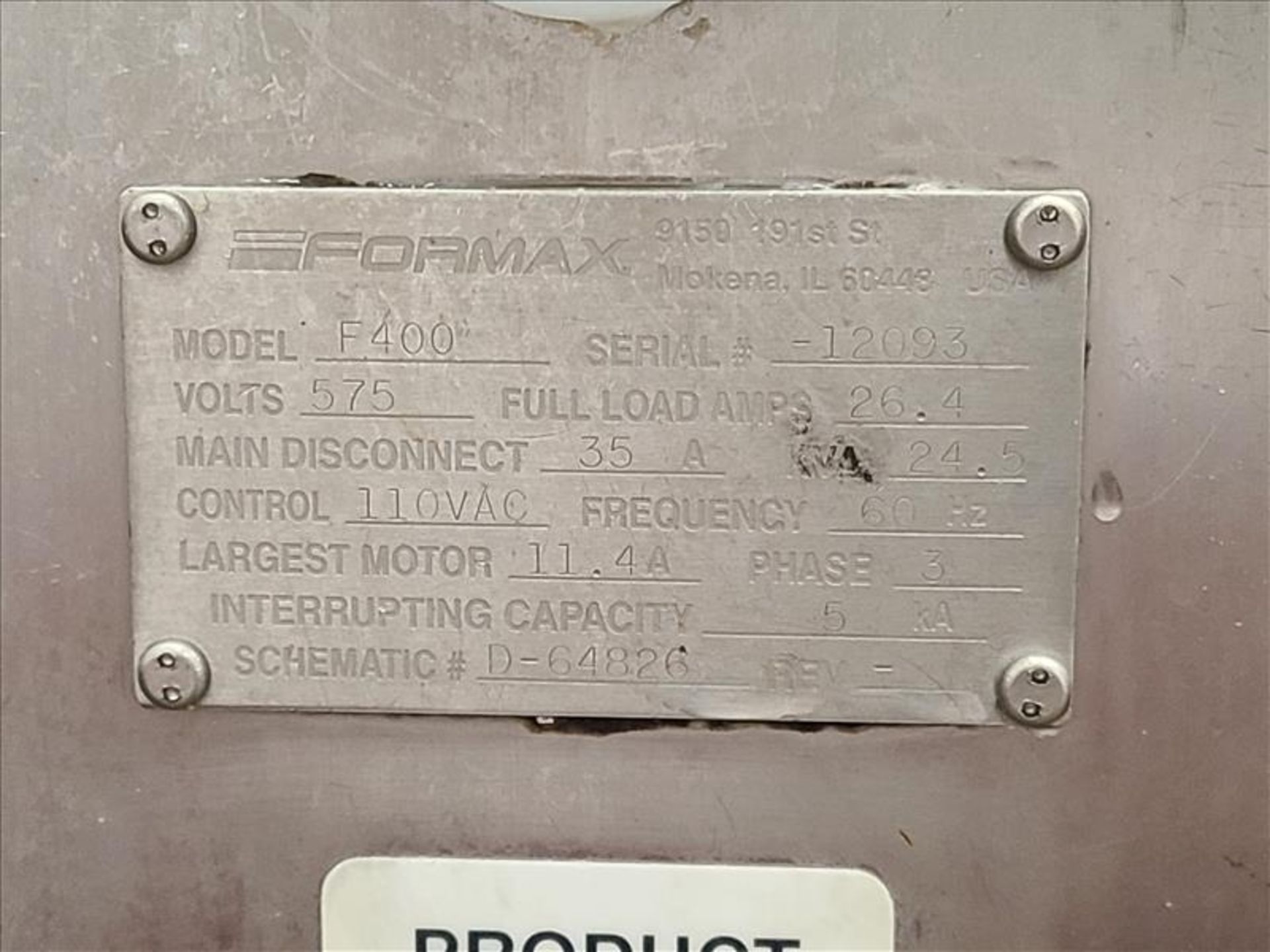 Formax Forming Machine, mod. F400, ser. no. 12093, 575 volts, 3 phase, 60 Hz [Line 3] - Image 4 of 4